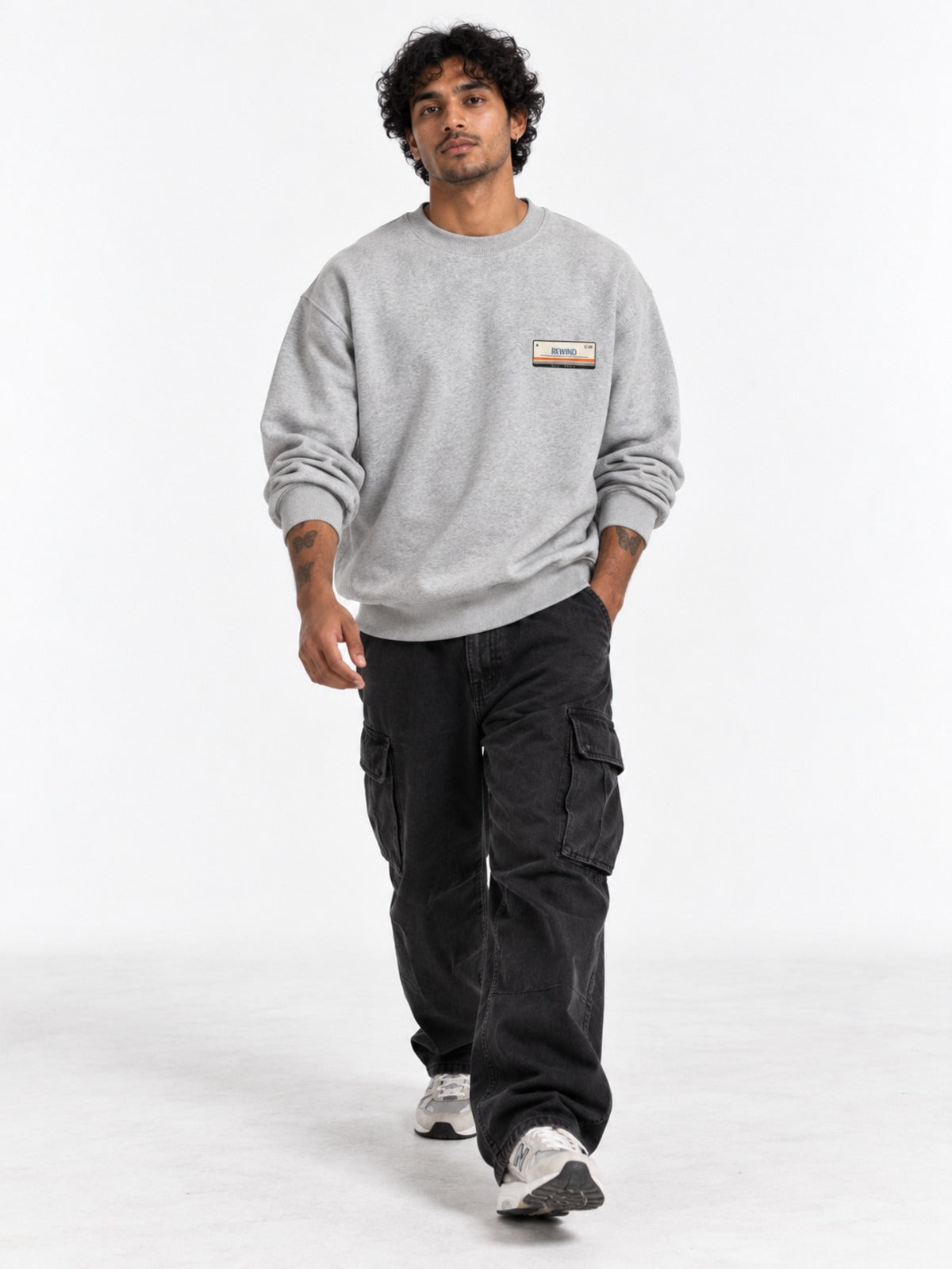 Kasetto カセット C-60 Japanese Tape Label Sweatshirt in athletic heather grey by 5C5V, on model, full-length