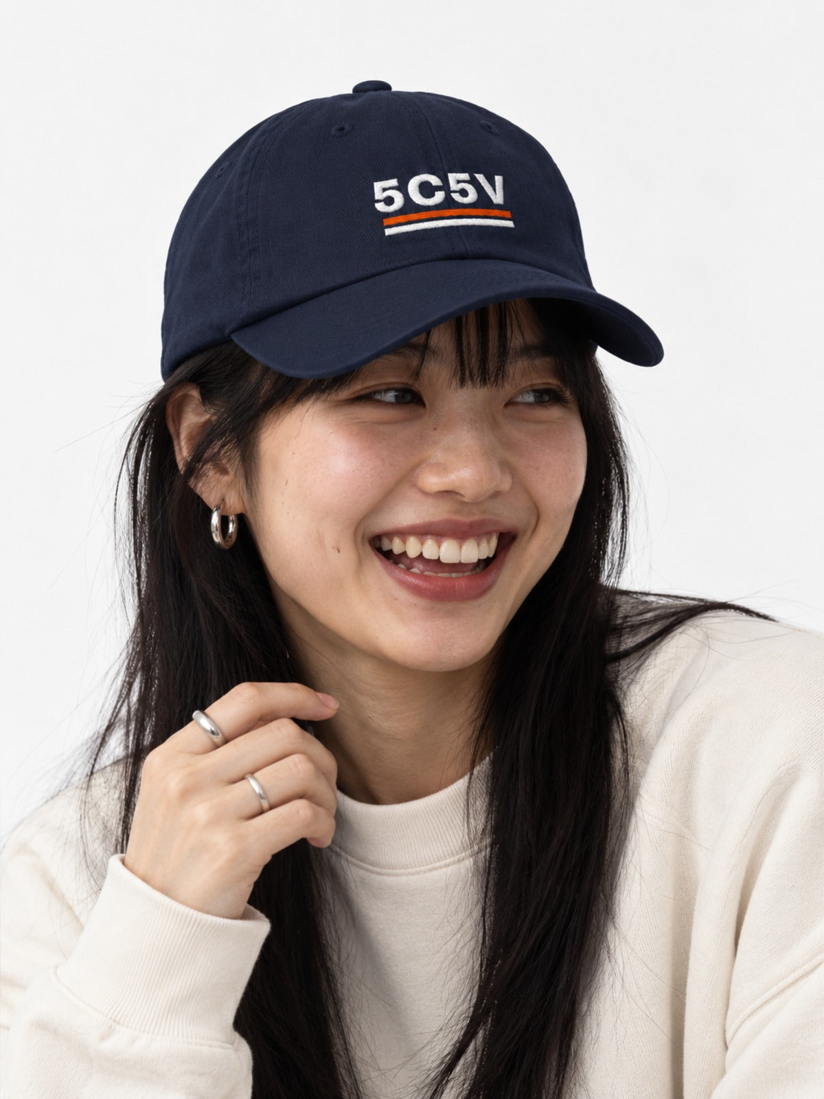 Kasetto カセット Colour Drop Japanese Baseball Cap in navy by 5C5V, on model, three-quarter view
