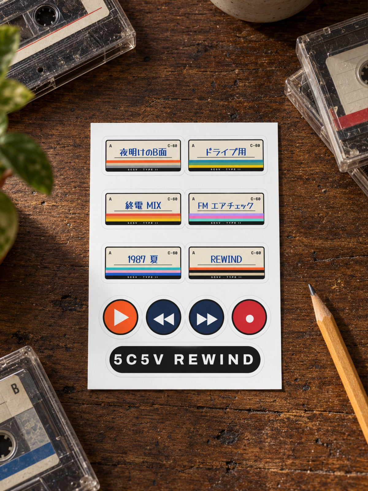 Kasetto カセット Japanese Cassette Label Sticker Sheet by 5C5V on a wooden desk