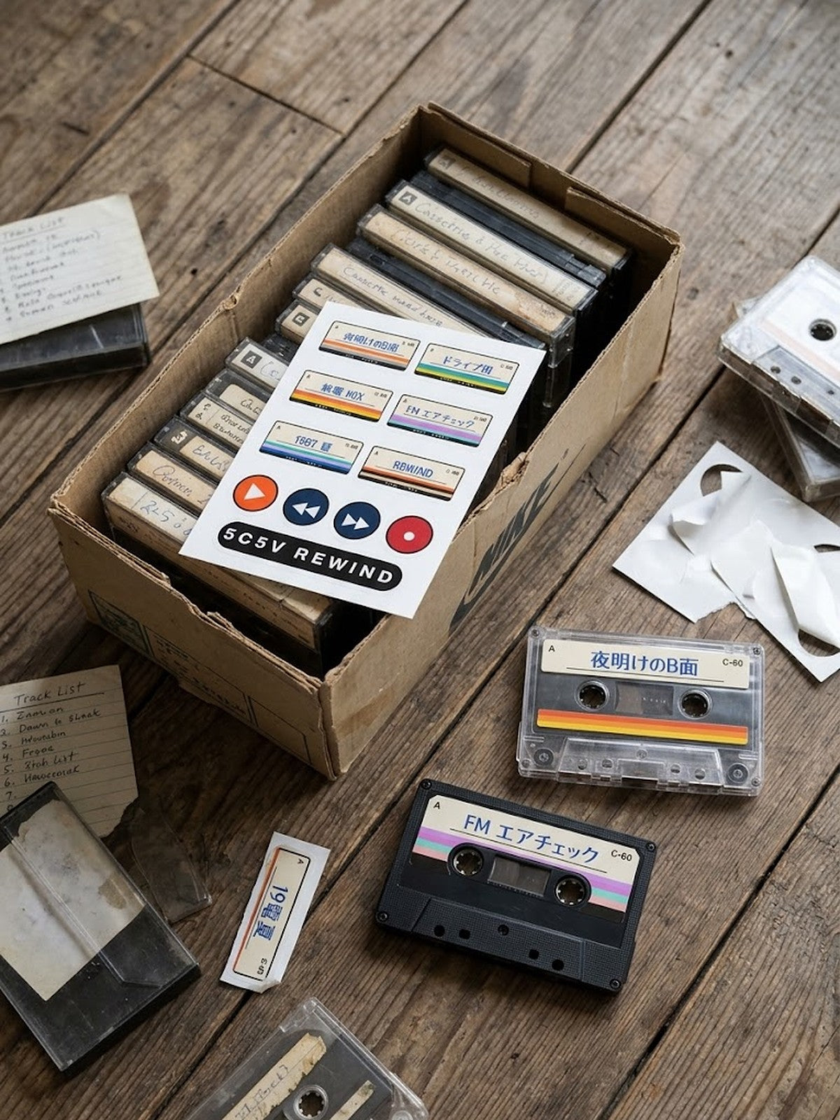 Kasetto カセット Japanese Cassette Label Sticker Sheet by 5C5V on a box of old cassette tapes