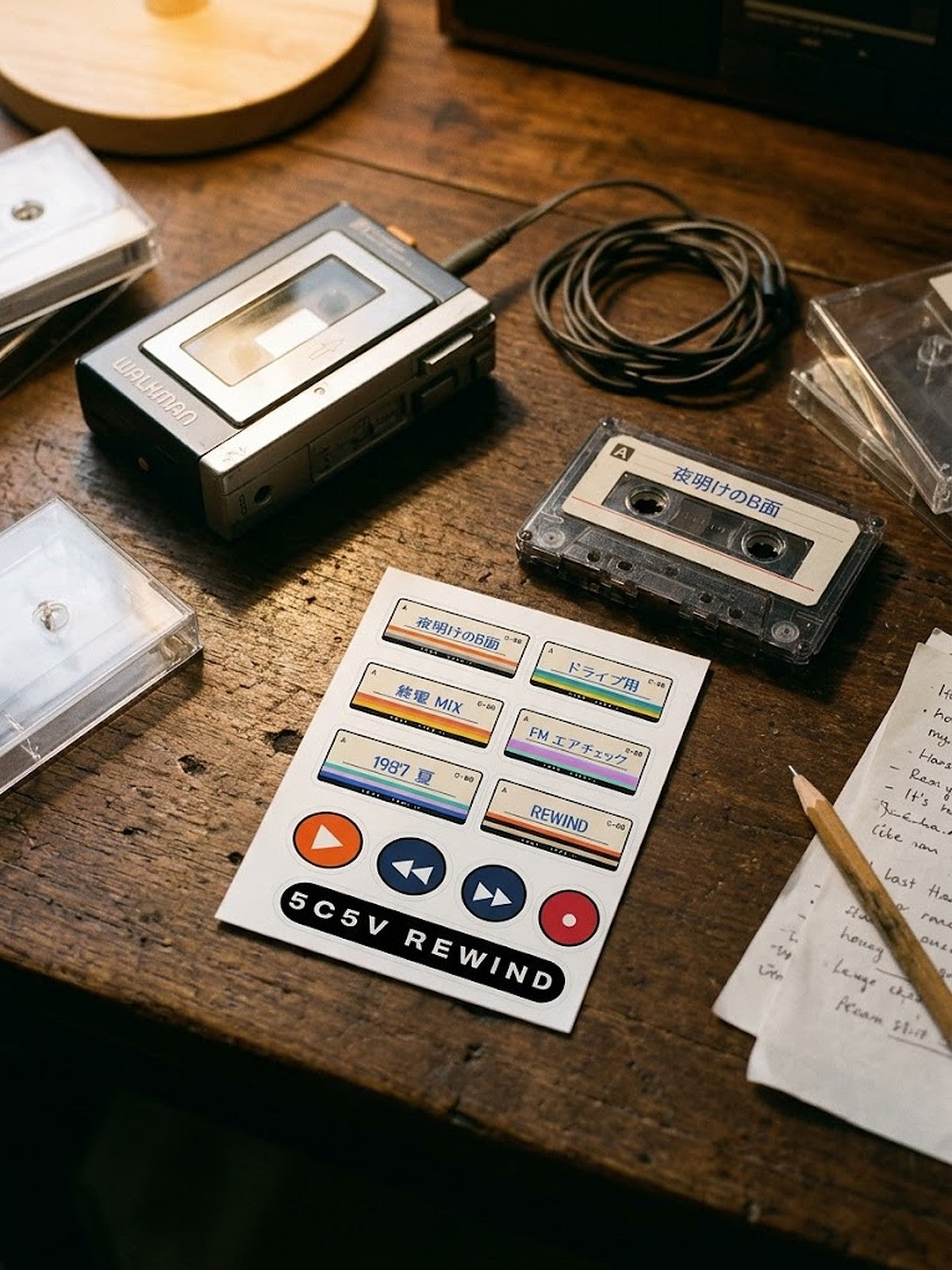 Kasetto カセット Japanese Cassette Label Sticker Sheet by 5C5V next to a portable cassette player
