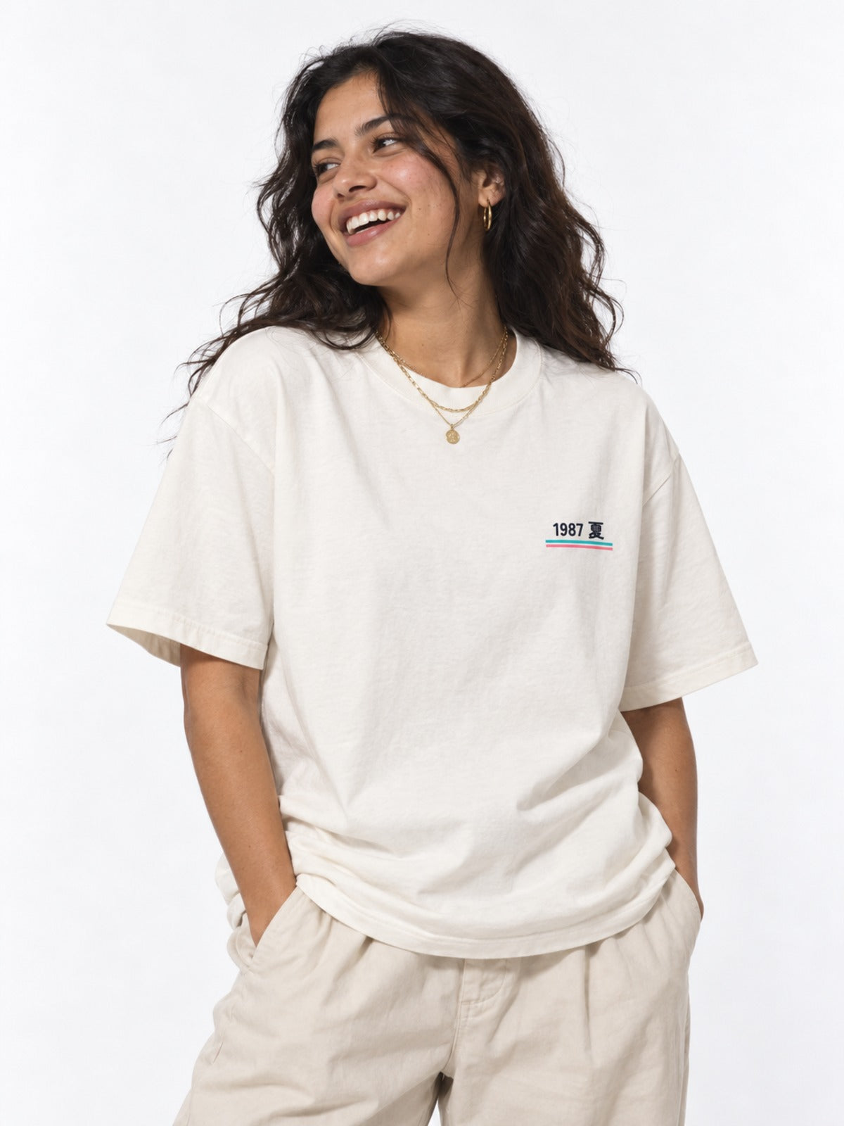 City Pop シティポップ 1987 Japanese Summer T-Shirt in white by 5C5V, on model, front view