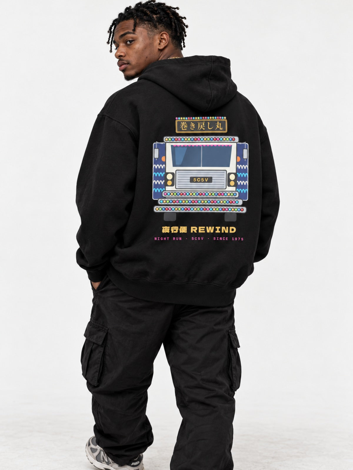 Dekotora デコトラ Japanese Black Hoodie in black by 5C5V, on model, back view