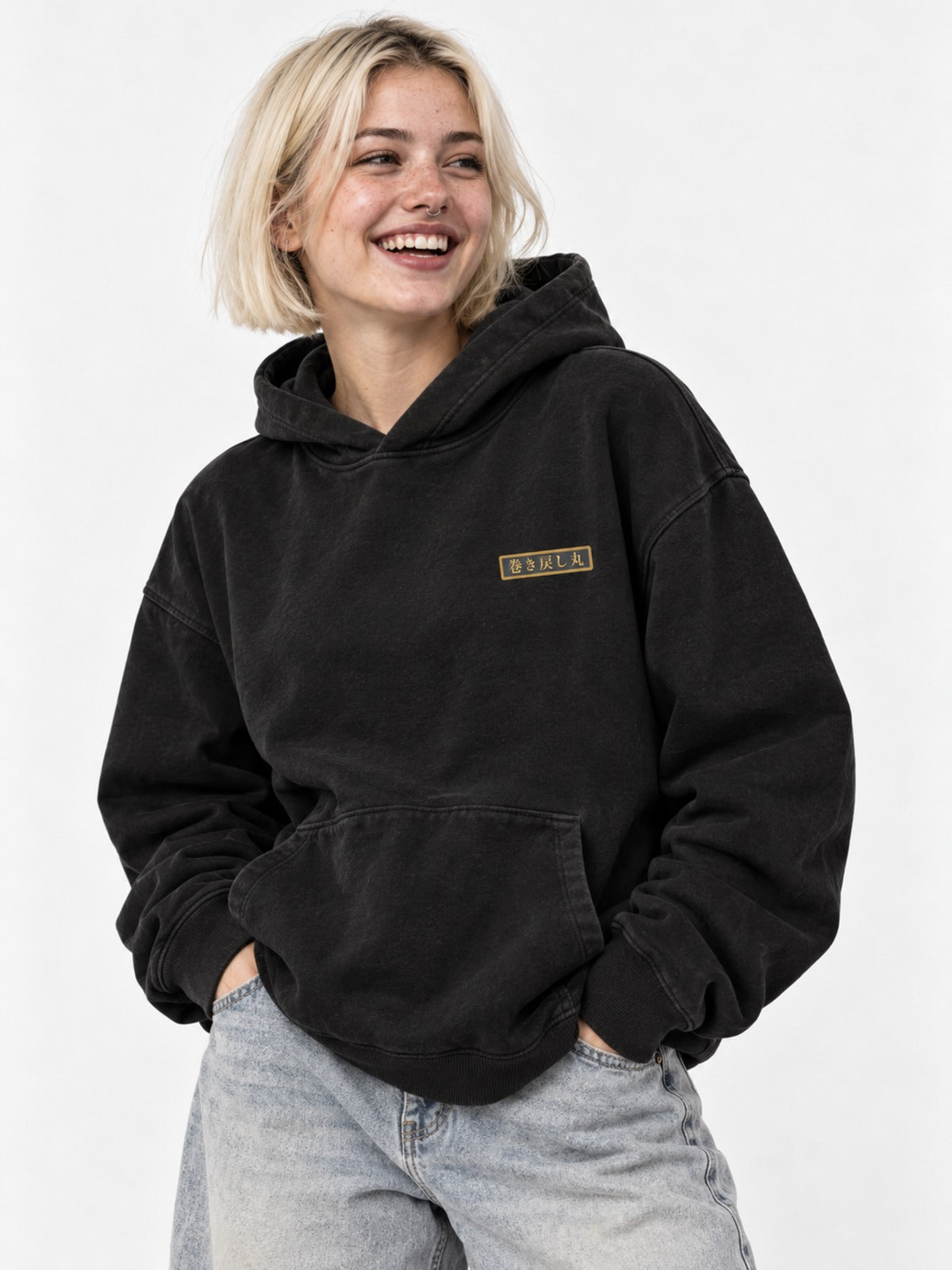 Dekotora デコトラ Japanese Black Hoodie in faded vintage black by 5C5V, on model, front view