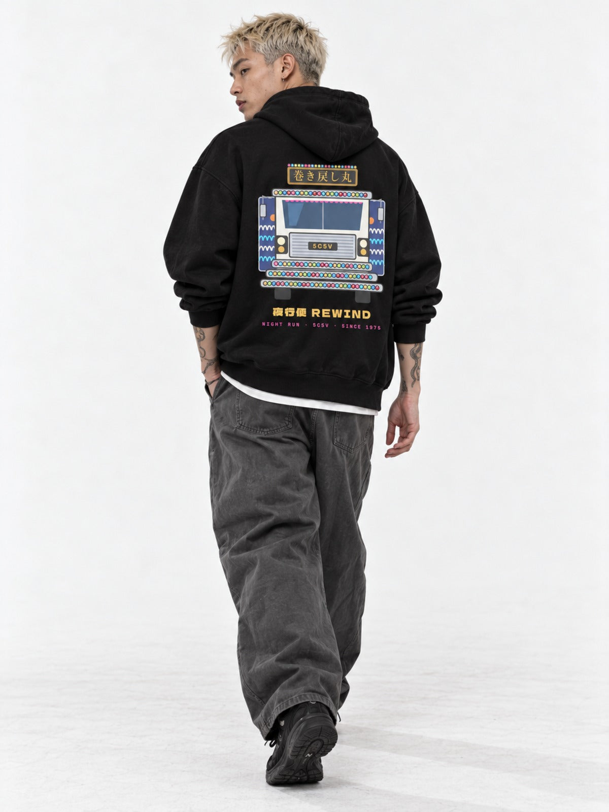 Dekotora デコトラ Japanese Black Hoodie in black by 5C5V, on model, full-length