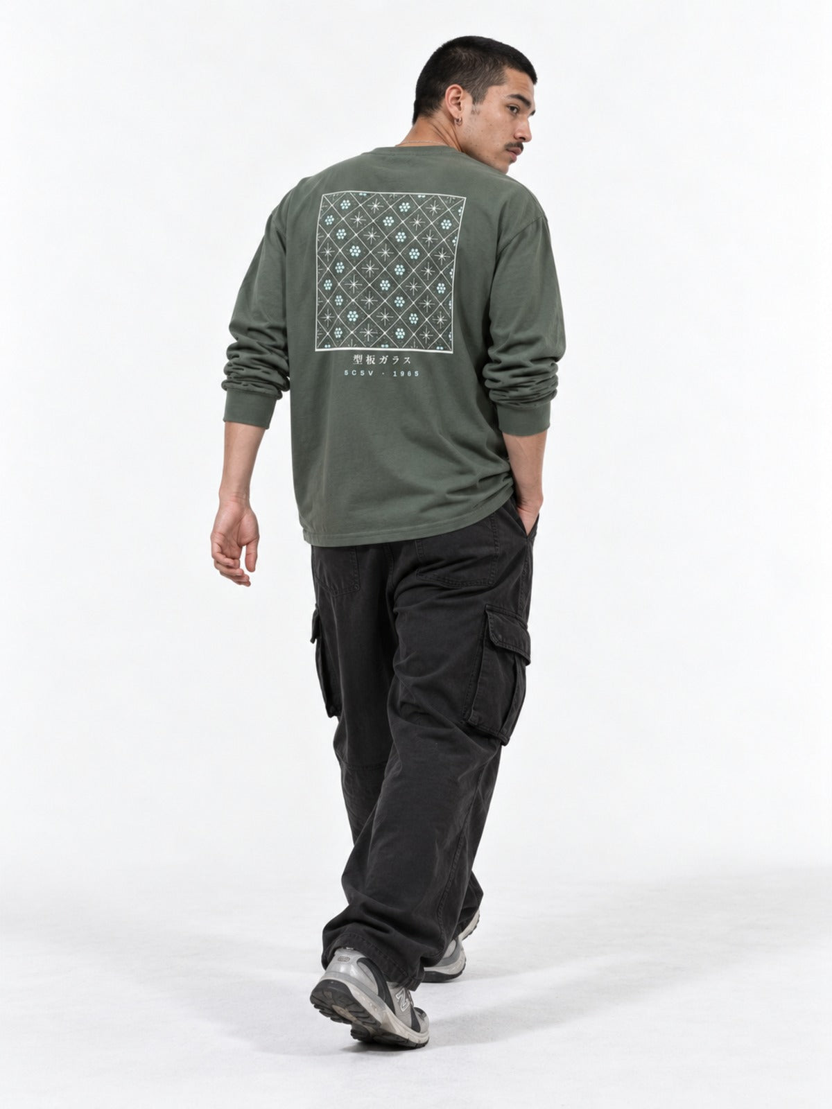Kataita Garasu 型板ガラス Japanese Long Sleeve T-Shirt in cypress by 5C5V, on model, full-length