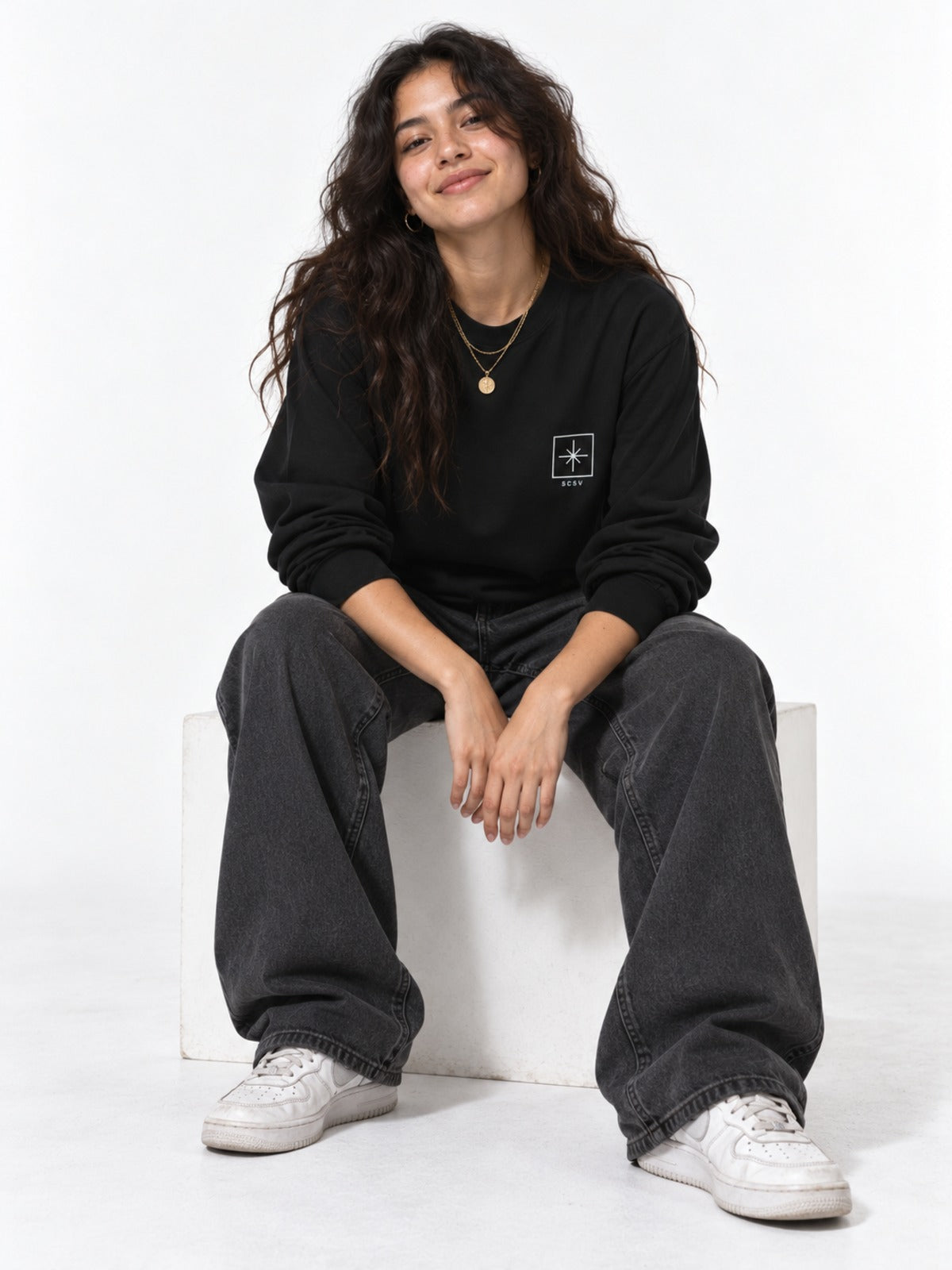 Kataita Garasu 型板ガラス Japanese Long Sleeve T-Shirt in black by 5C5V, on model, seated