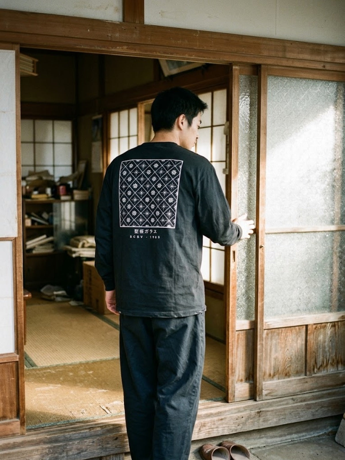 Kataita Garasu 型板ガラス Japanese Long Sleeve T-Shirt by 5C5V by a patterned glass door in an old Japanese house