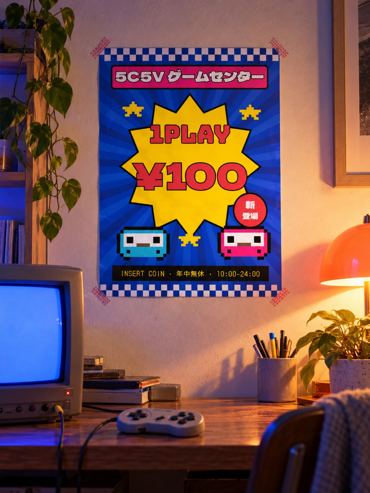 Gēmu Sentā ゲームセンター Japanese Arcade Poster by 5C5V taped above a desk with a CRT TV