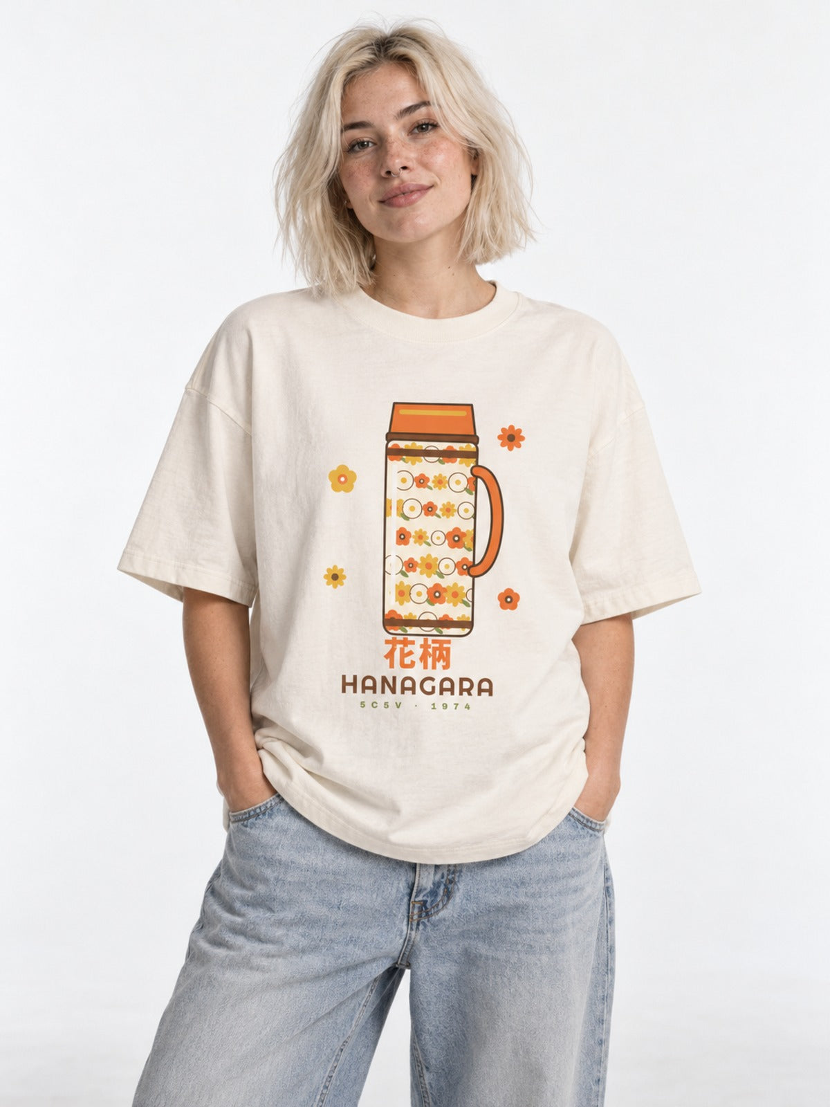 Hanagara 花柄 Japanese Flower Thermos T-Shirt in vintage white by 5C5V, on model, front view