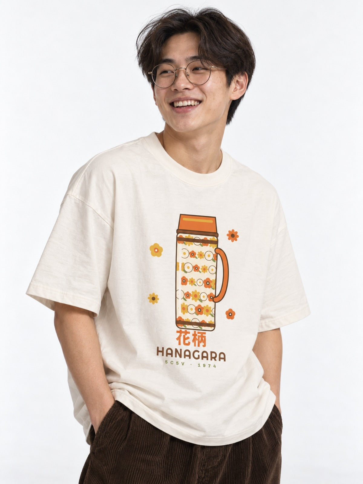 Hanagara 花柄 Japanese Flower Thermos T-Shirt in vintage white by 5C5V, on model, three-quarter view