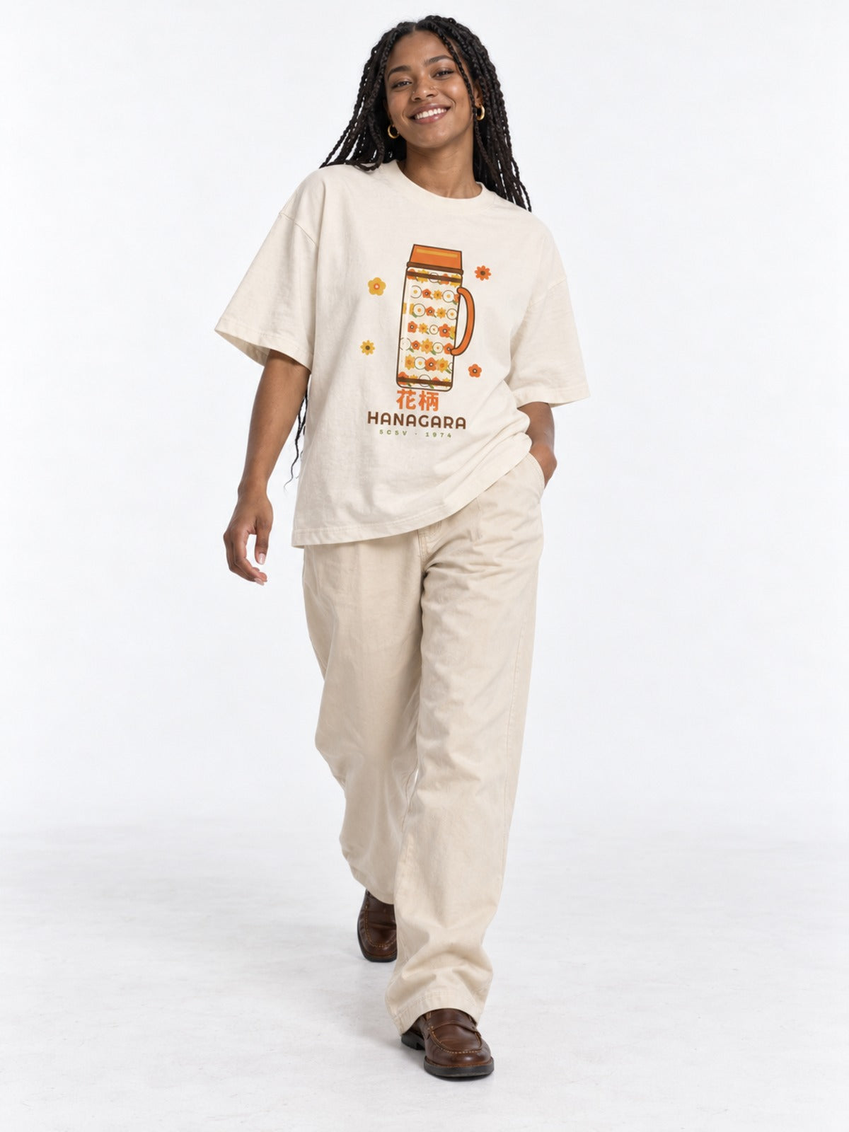 Hanagara 花柄 Japanese Flower Thermos T-Shirt in vintage white by 5C5V, on model, full-length
