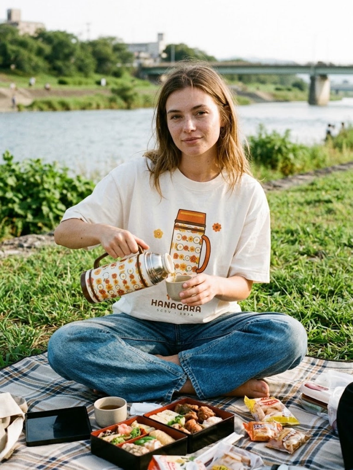 Hanagara 花柄 Japanese Flower Thermos T-Shirt by 5C5V at a riverside picnic with a flowered thermos