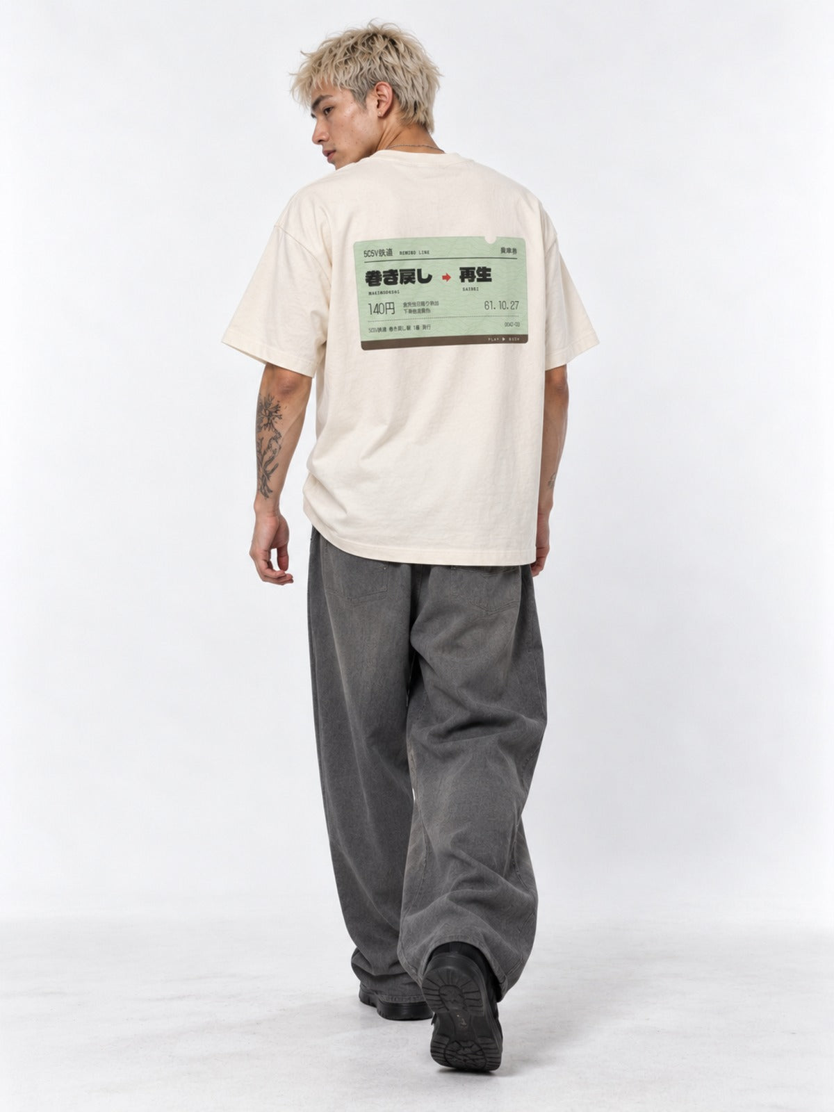 Kippu 切符 Japanese Train Ticket T-Shirt in vintage white by 5C5V, on model, full-length