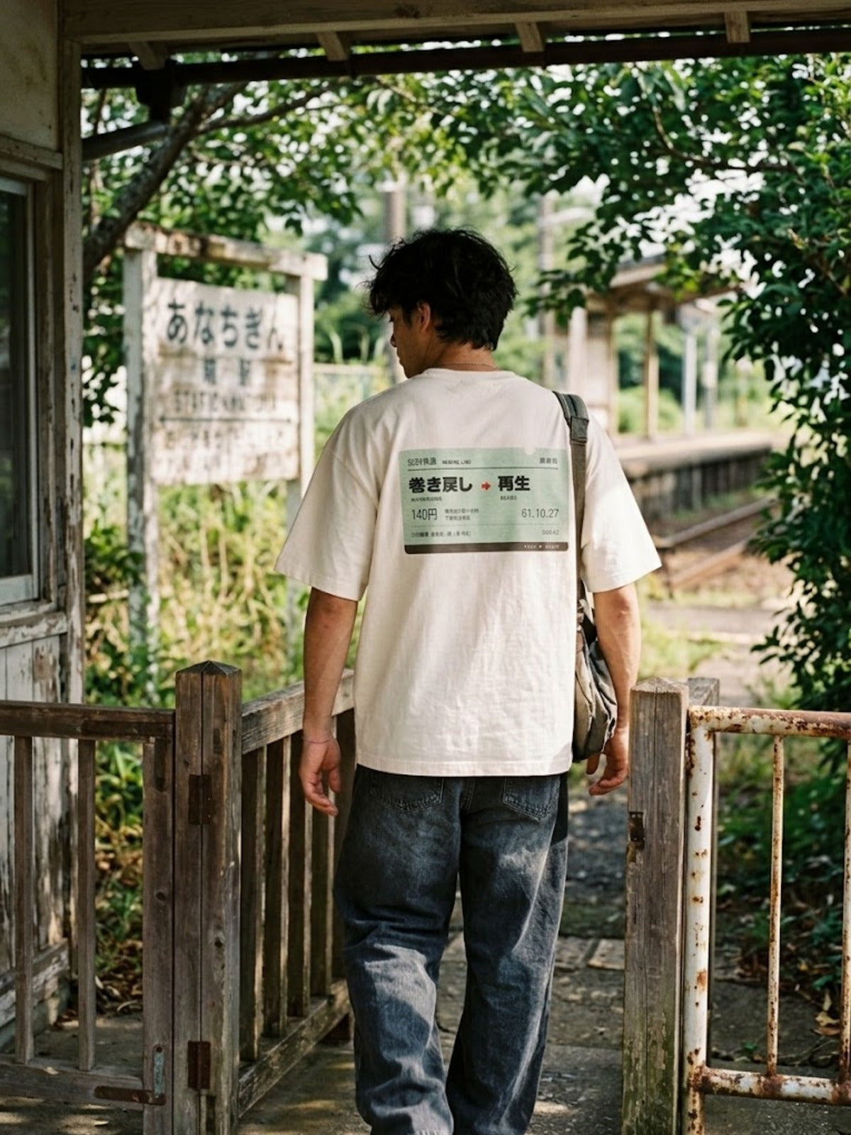 Kippu 切符 Japanese Train Ticket T-Shirt by 5C5V worn at a country train station ticket gate