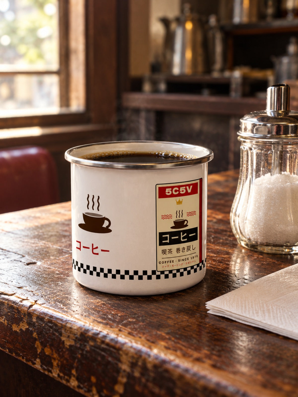 Kissaten 喫茶 Japanese Coffee Enamel Mug by 5C5V on a wooden café counter, コーヒー side
