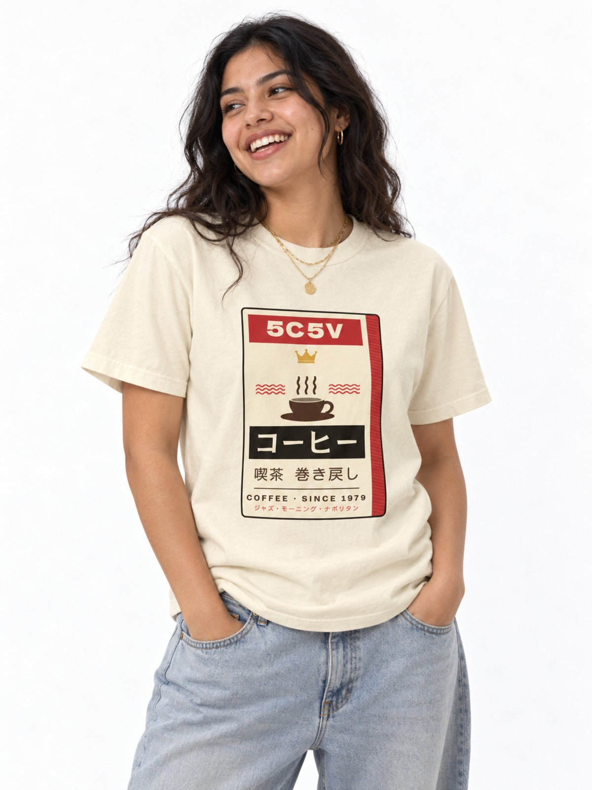 Kissaten 喫茶 Japanese Coffee House T-Shirt in ivory by 5C5V, on model, three-quarter view