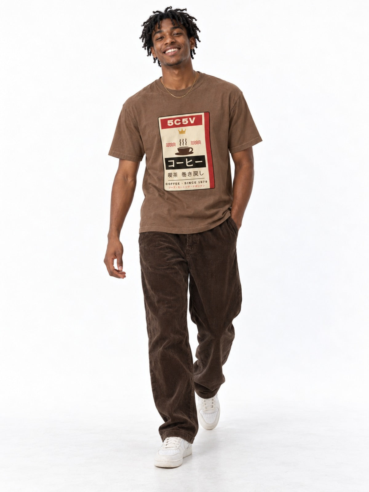 Kissaten 喫茶 Japanese Coffee House T-Shirt in espresso brown by 5C5V, on model, full-length