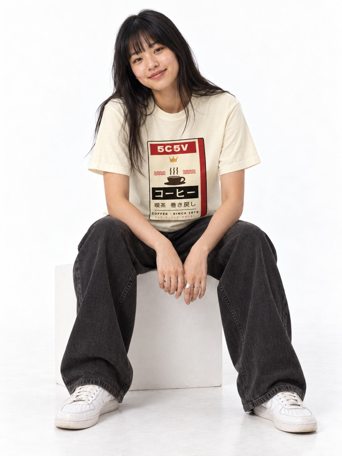 Kissaten 喫茶 Japanese Coffee House T-Shirt in ivory by 5C5V, on model, seated