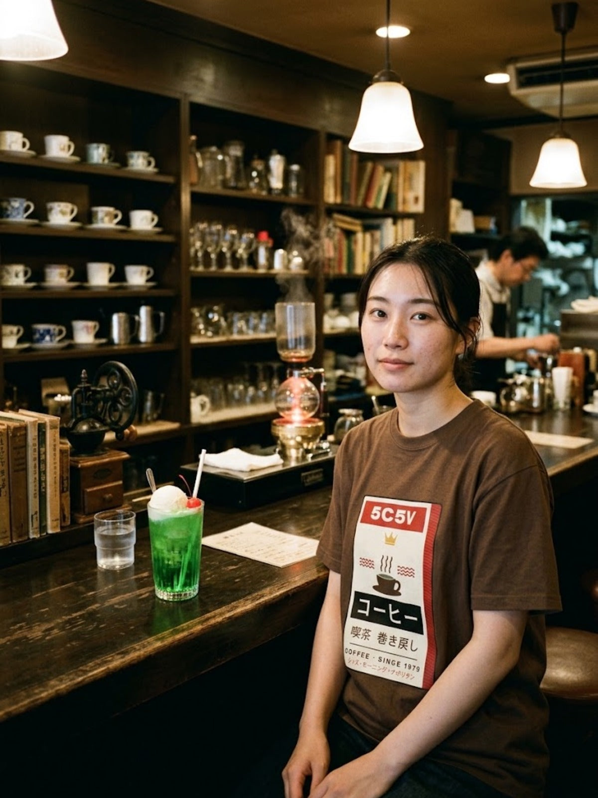 Kissaten 喫茶 Japanese Coffee House T-Shirt by 5C5V worn at an old coffee house counter