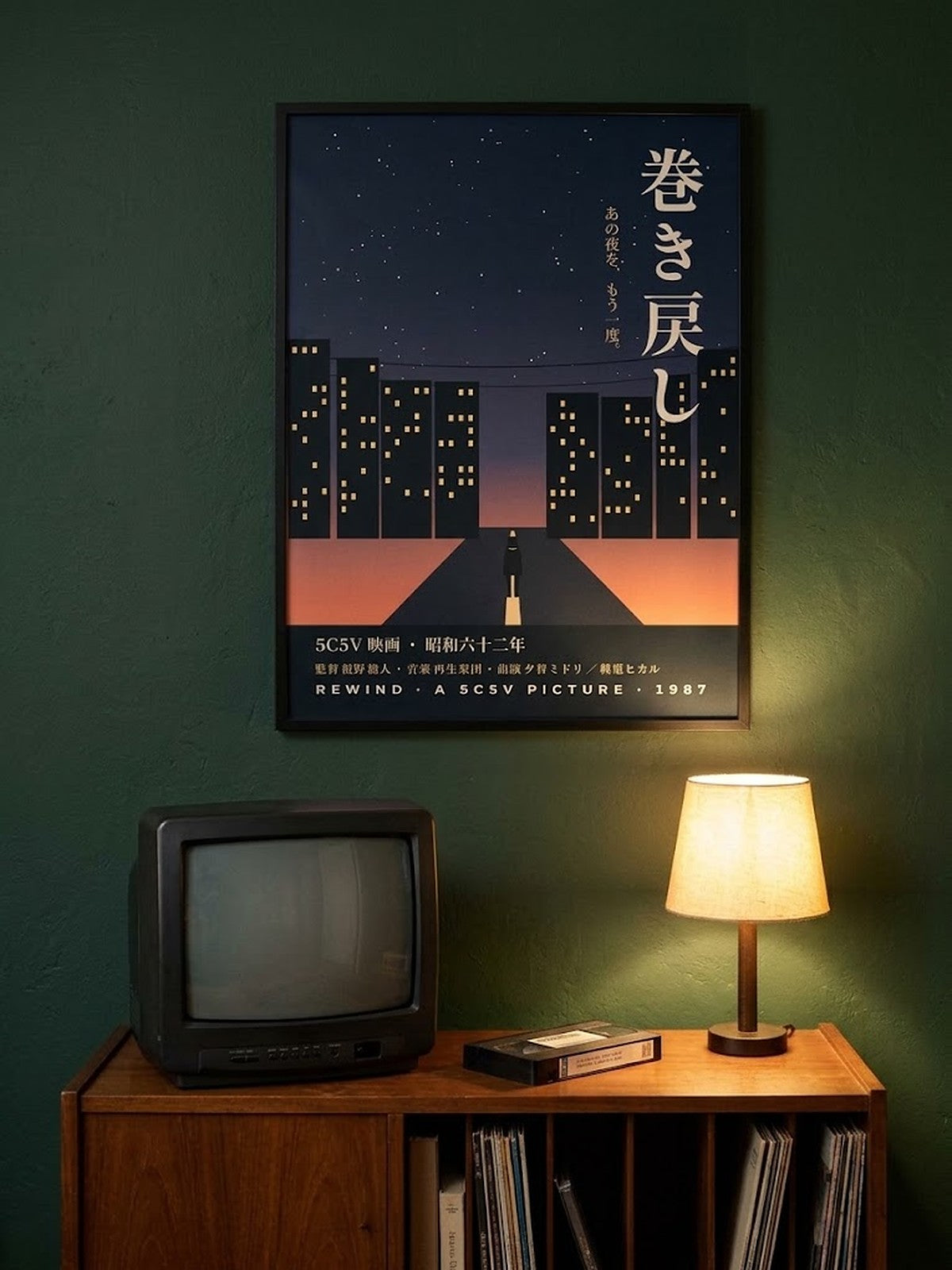 Makimodoshi 巻き戻し Japanese Film Poster by 5C5V framed on a green wall above a CRT TV