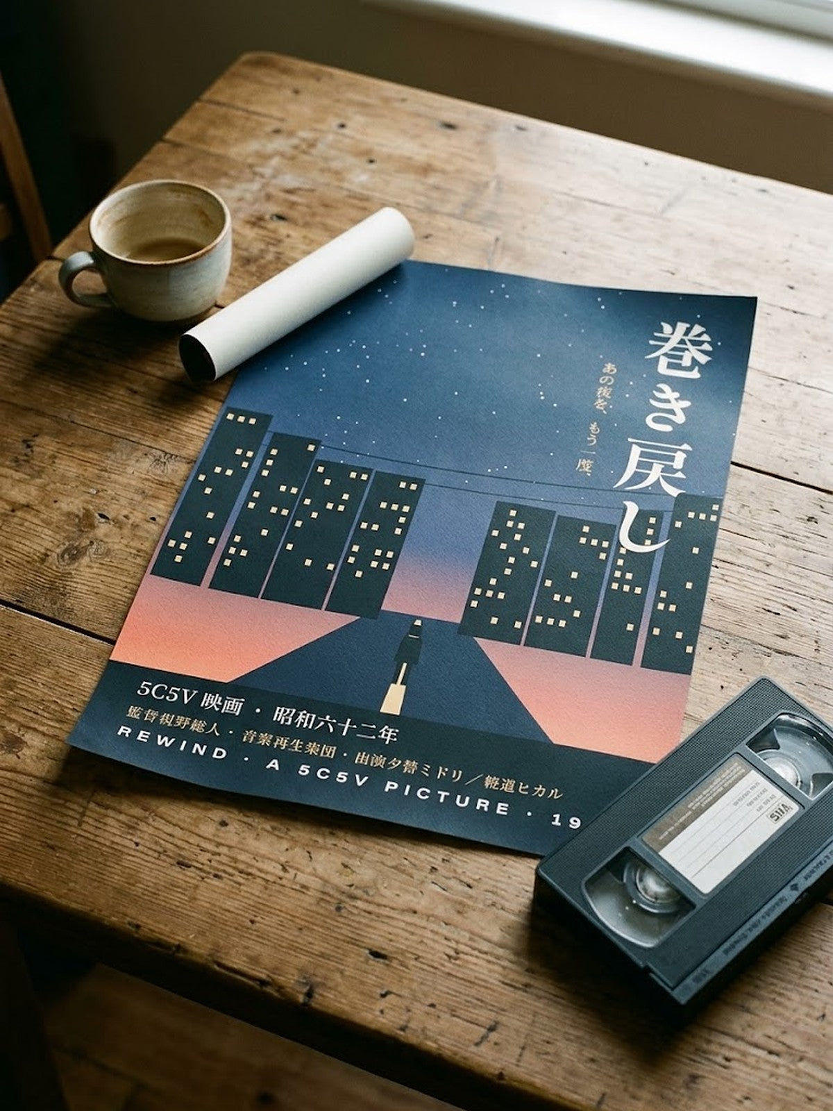 Makimodoshi 巻き戻し Japanese Film Poster by 5C5V unrolled on a table with a coffee cup and VHS tape