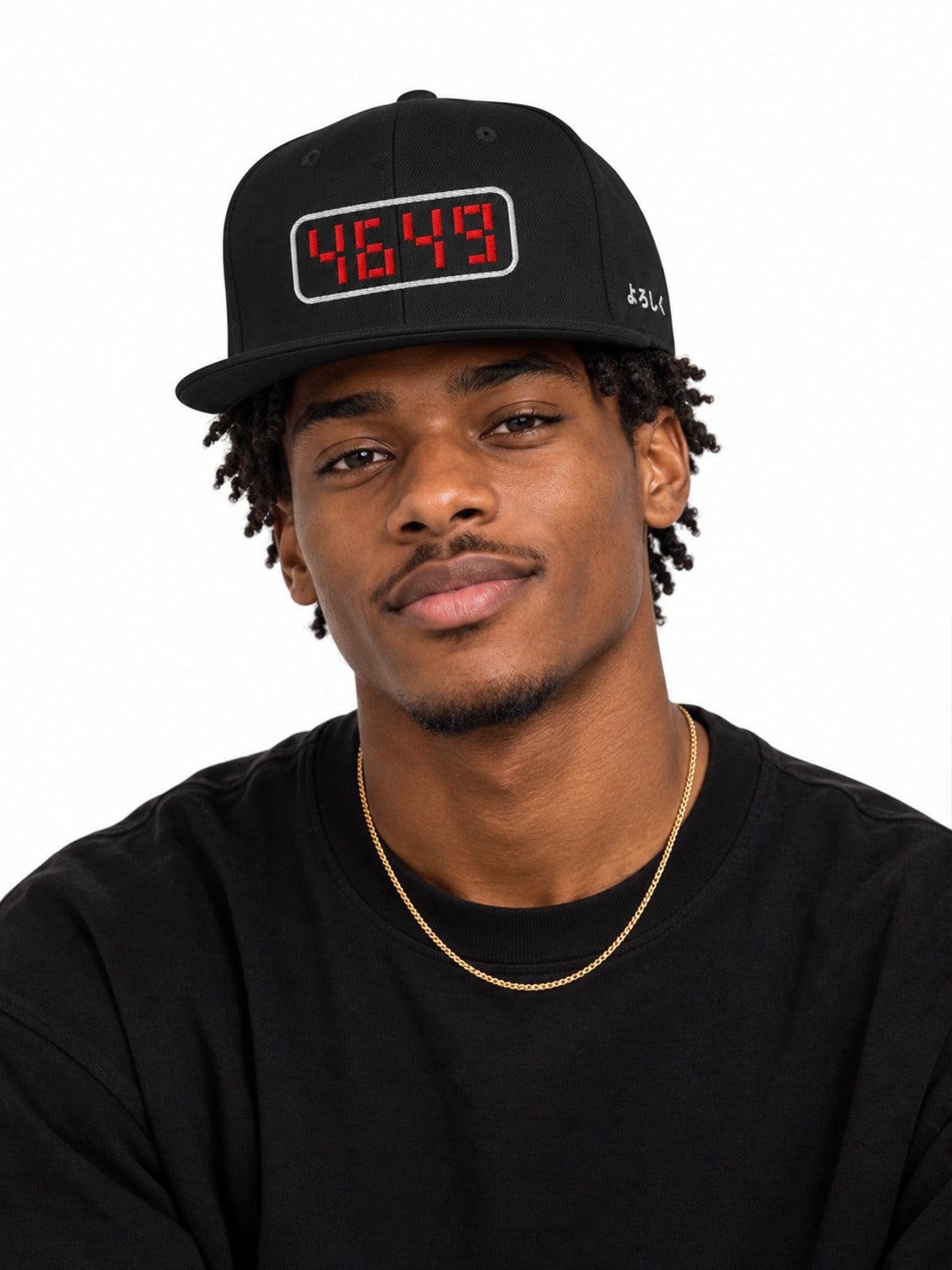 Pokeberu 4649 ポケベル Japanese Snapback in Black by 5C5V, on model, front view