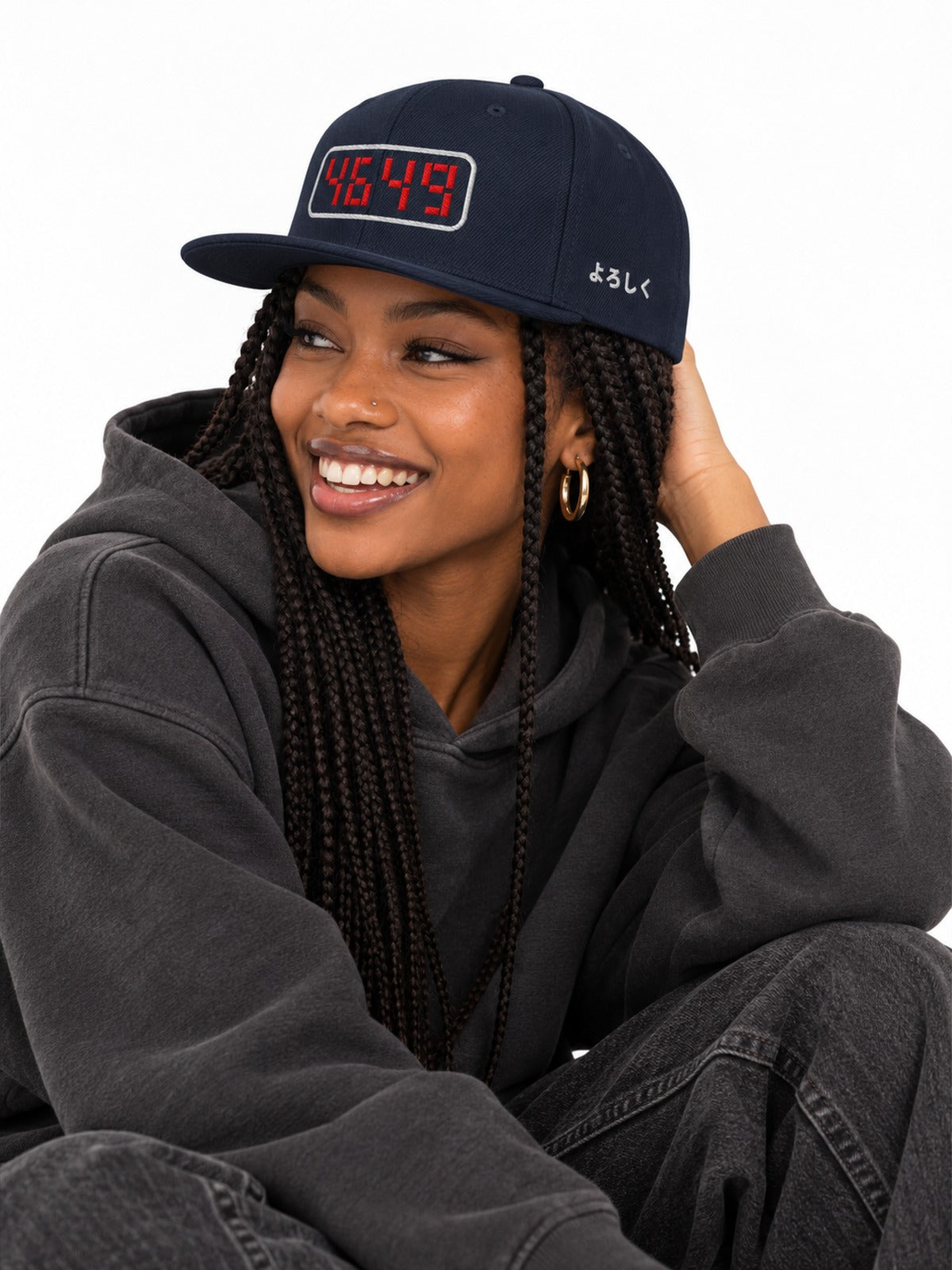 Pokeberu 4649 ポケベル Japanese Snapback in Dark Navy by 5C5V, on model, side view