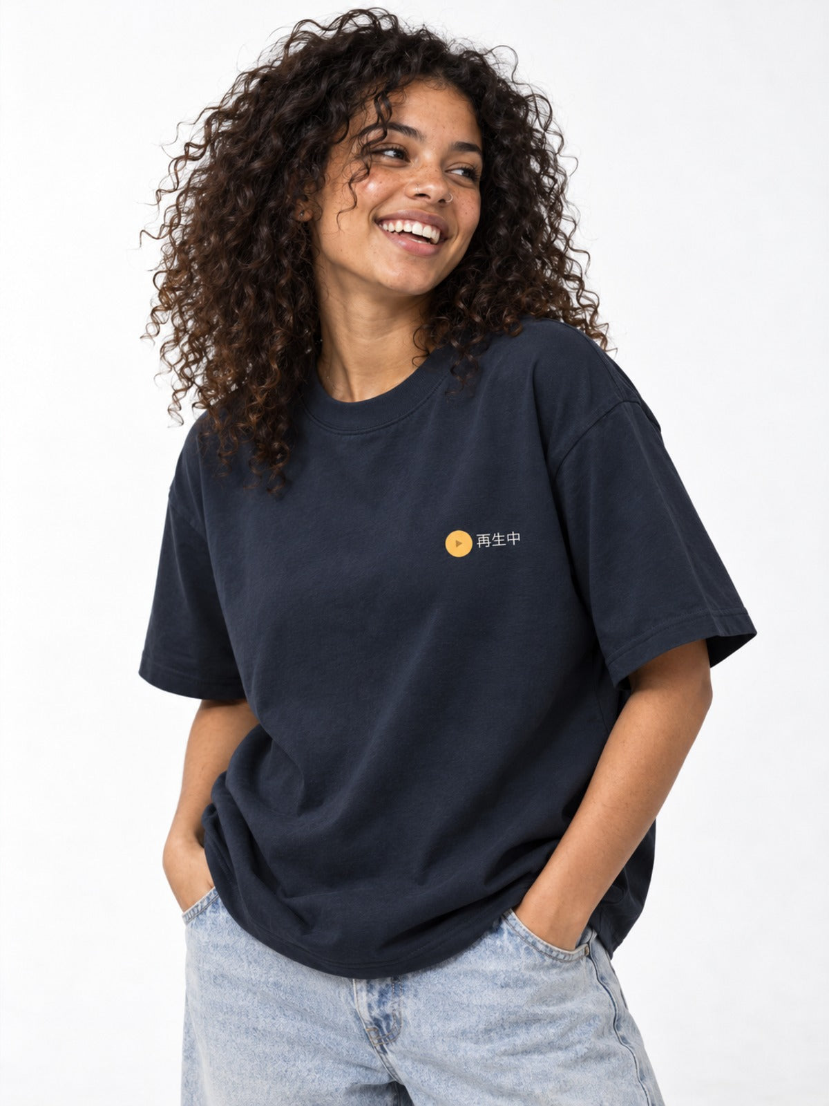 Saisei-chū 再生中 Japanese Cassette Player T-Shirt in navy by 5C5V, on model, front view