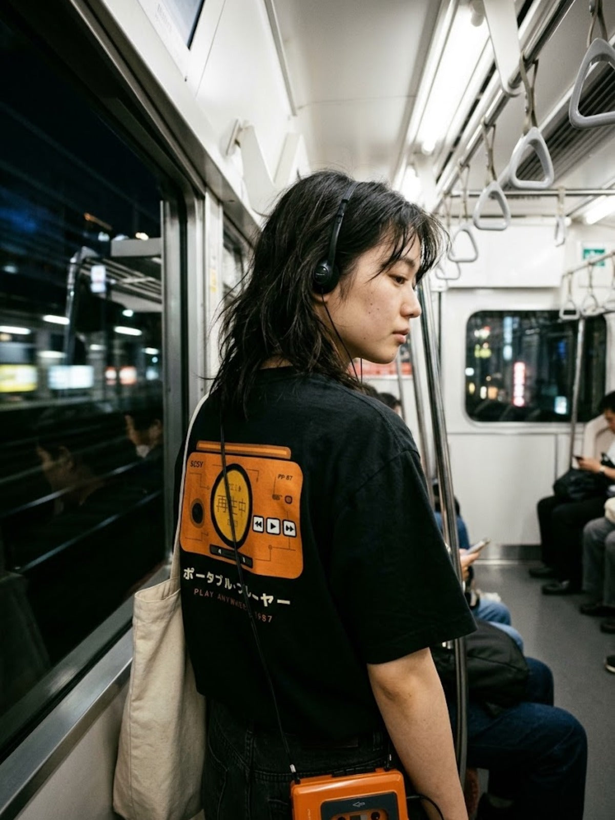 Saisei-chū 再生中 Japanese Cassette Player T-Shirt by 5C5V on a Tokyo train at night
