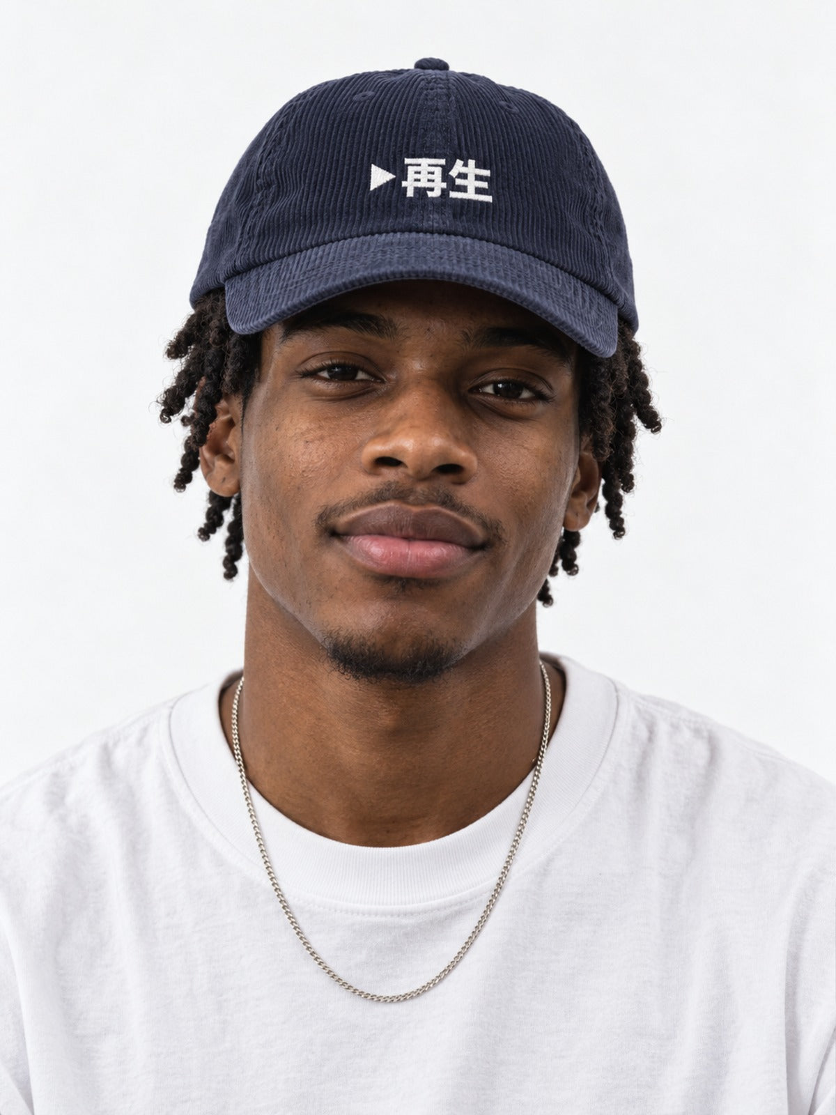 Saisei 再生 Japanese Corduroy Baseball Cap in Navy by 5C5V, on model, front view