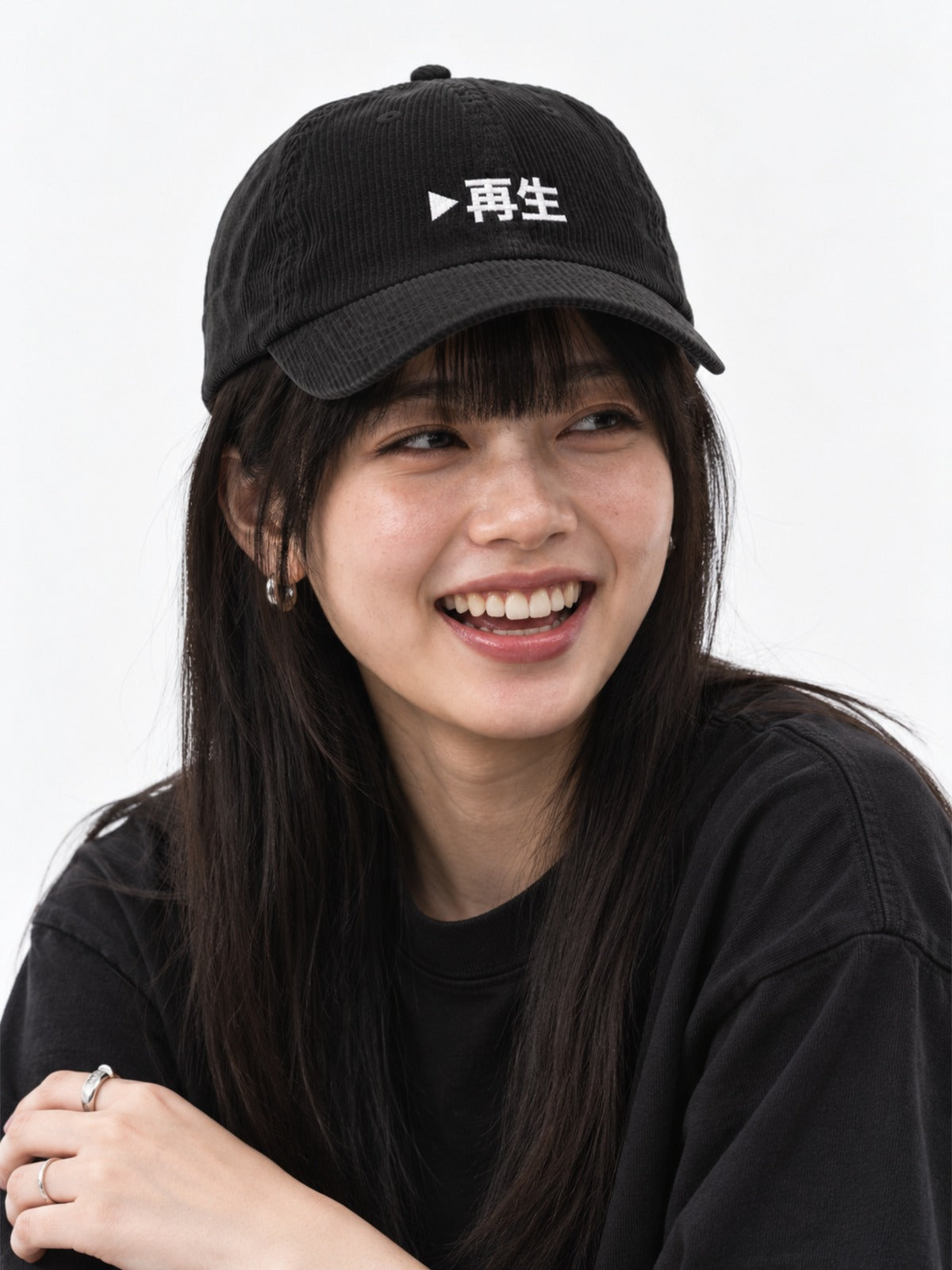 Saisei 再生 Japanese Corduroy Baseball Cap in Black by 5C5V, on model, three-quarter view