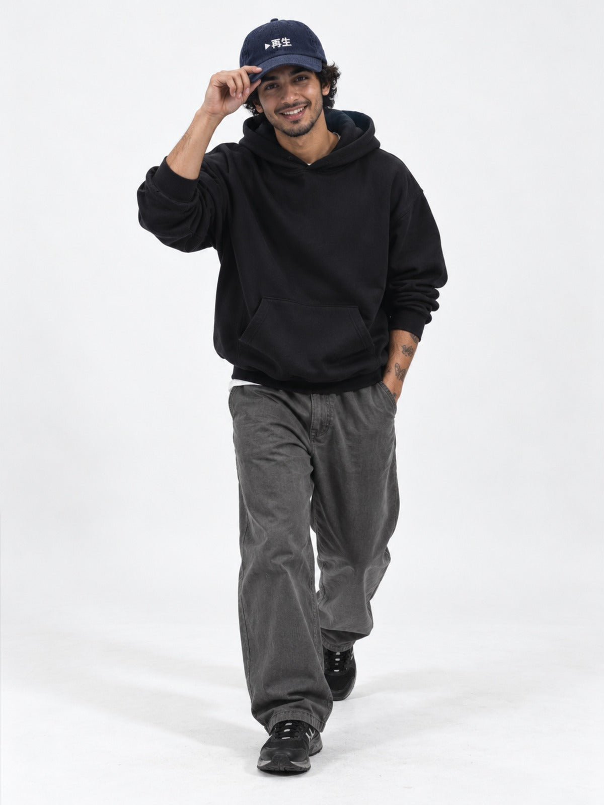 Saisei 再生 Japanese Corduroy Baseball Cap in Navy by 5C5V, on model, full-length