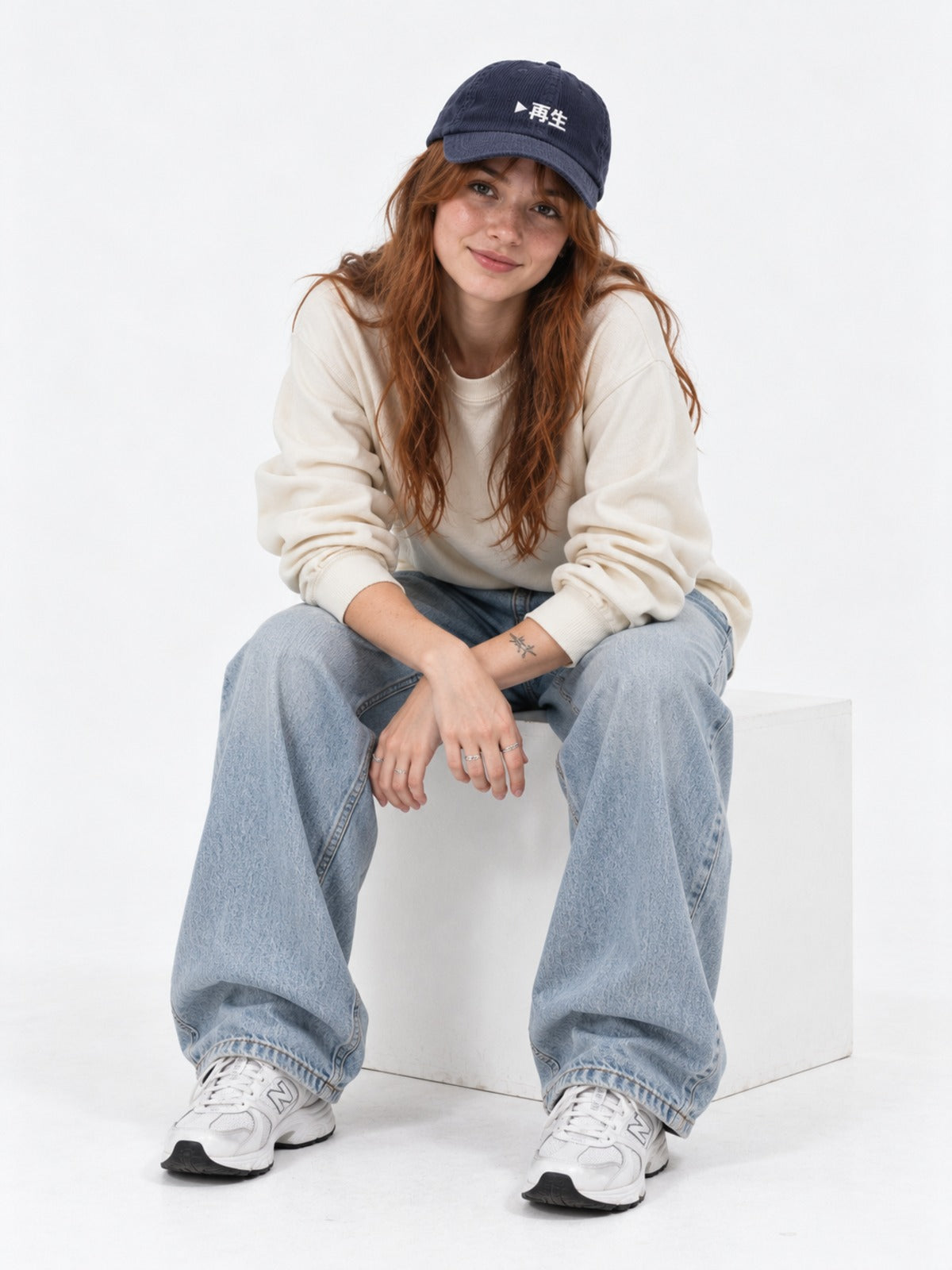 Saisei 再生 Japanese Corduroy Baseball Cap in Navy by 5C5V, on model, seated