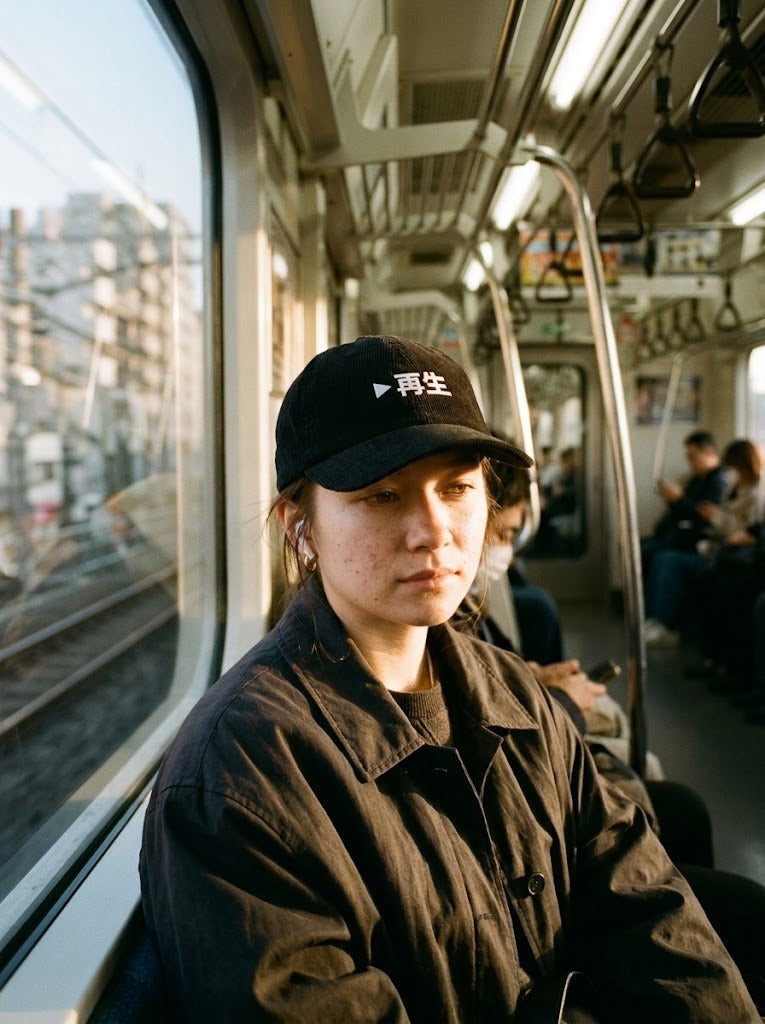 Saisei 再生 Japanese Corduroy Baseball Cap by 5C5V, worn on a Tokyo train at golden hour