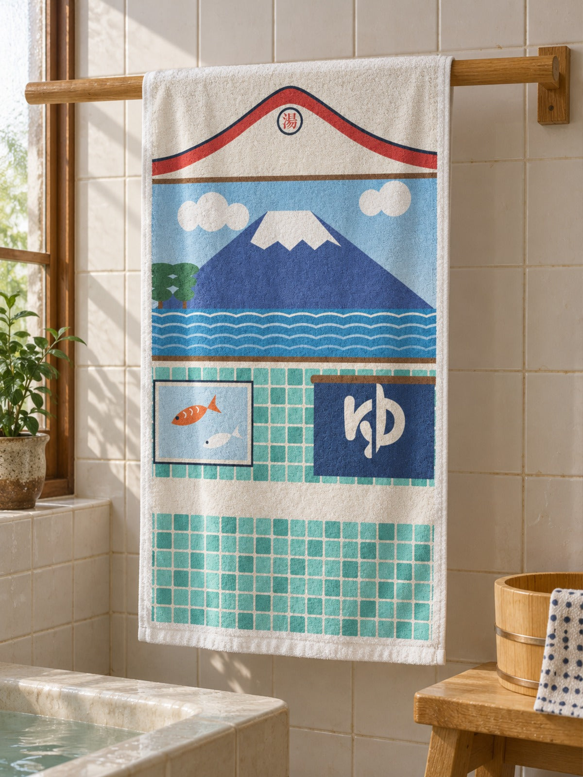 Sento 銭湯 Japanese Bathhouse Hand Towel by 5C5V hanging in a tiled bathroom