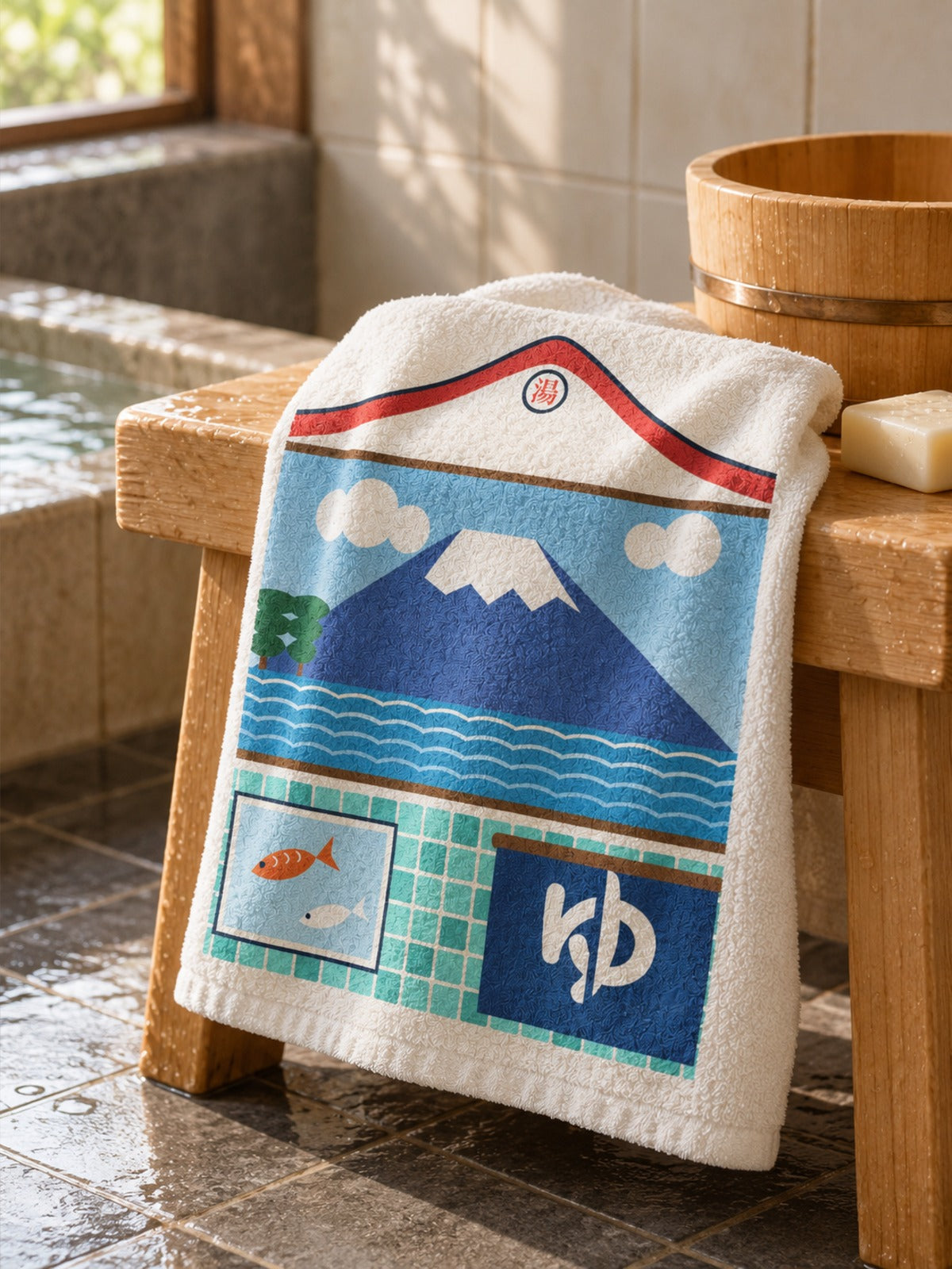 Sento 銭湯 Japanese Bathhouse Hand Towel by 5C5V on a wooden bath stool