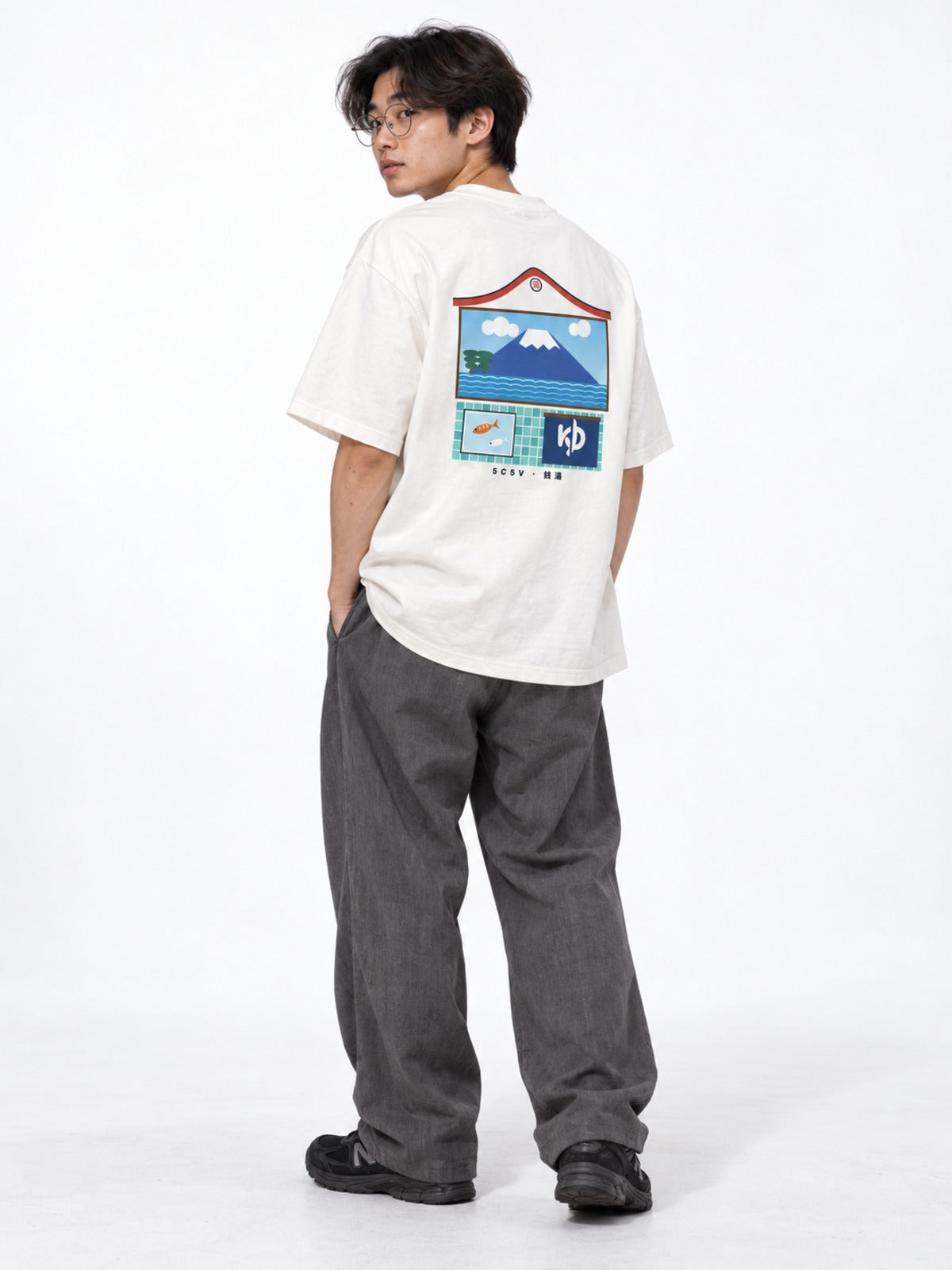 Sento 銭湯 Japanese Bathhouse T-Shirt in white by 5C5V, on model, back view