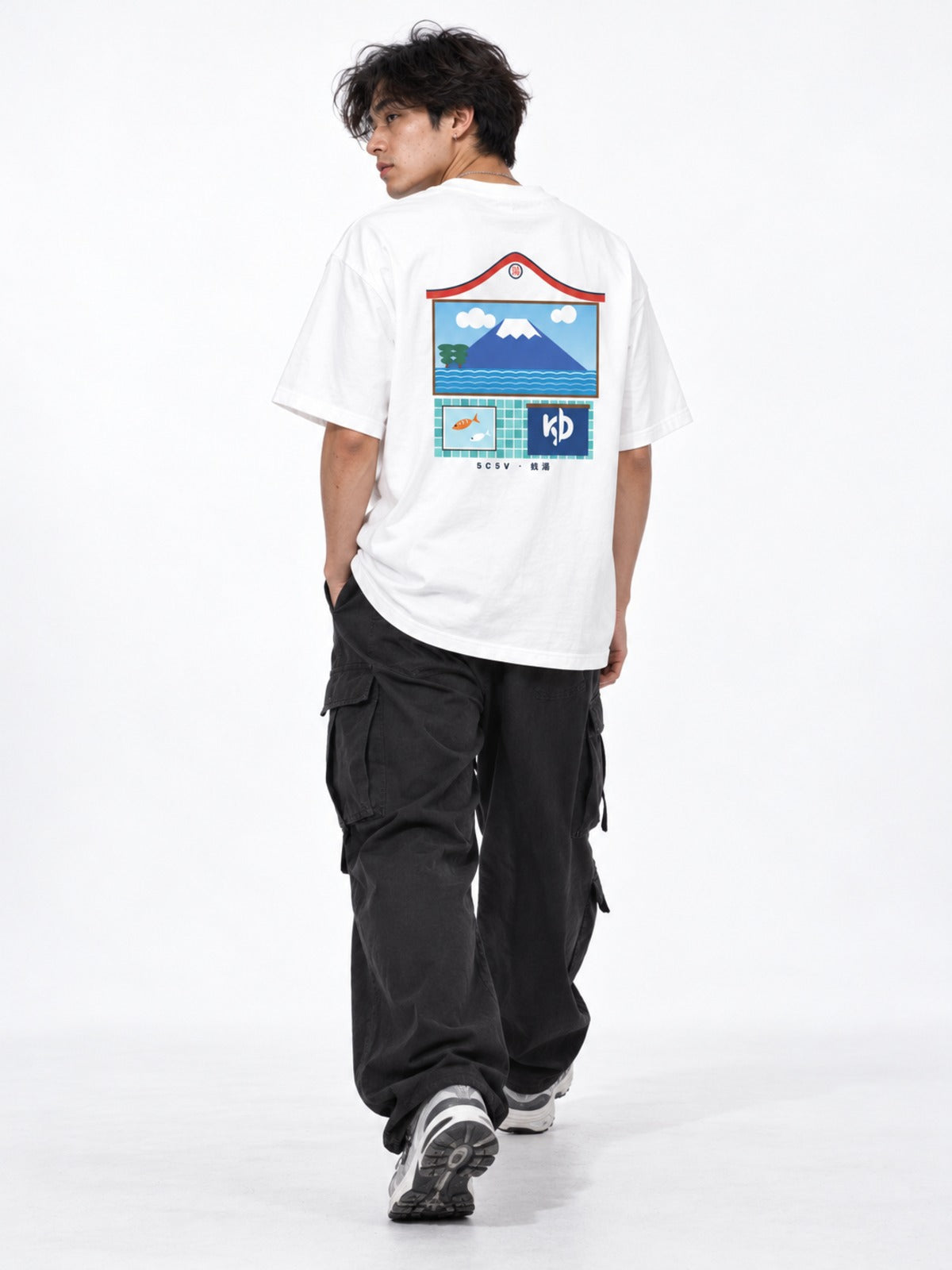 Sento 銭湯 Japanese Bathhouse T-Shirt in white by 5C5V, on model, full-length