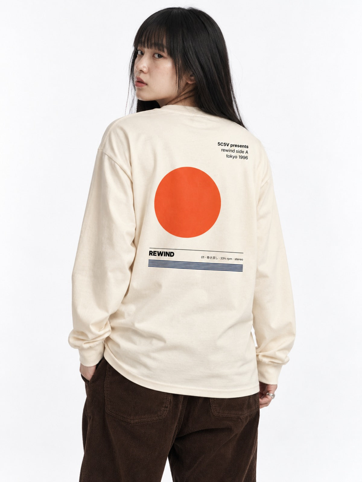 Shibuya-kei 渋谷系 Side A Japanese Long Sleeve T-Shirt in ecru by 5C5V, on model, back view