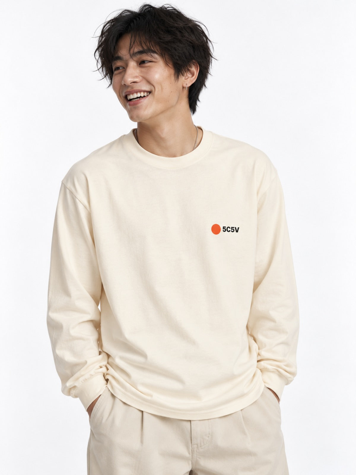 Shibuya-kei 渋谷系 Side A Japanese Long Sleeve T-Shirt in ecru by 5C5V, on model, front view