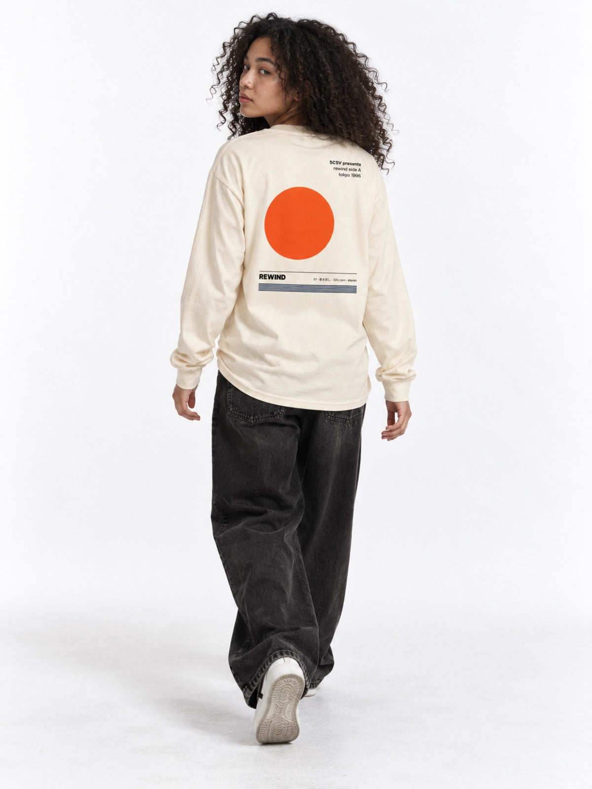 Shibuya-kei 渋谷系 Side A Japanese Long Sleeve T-Shirt in ecru by 5C5V, on model, full-length