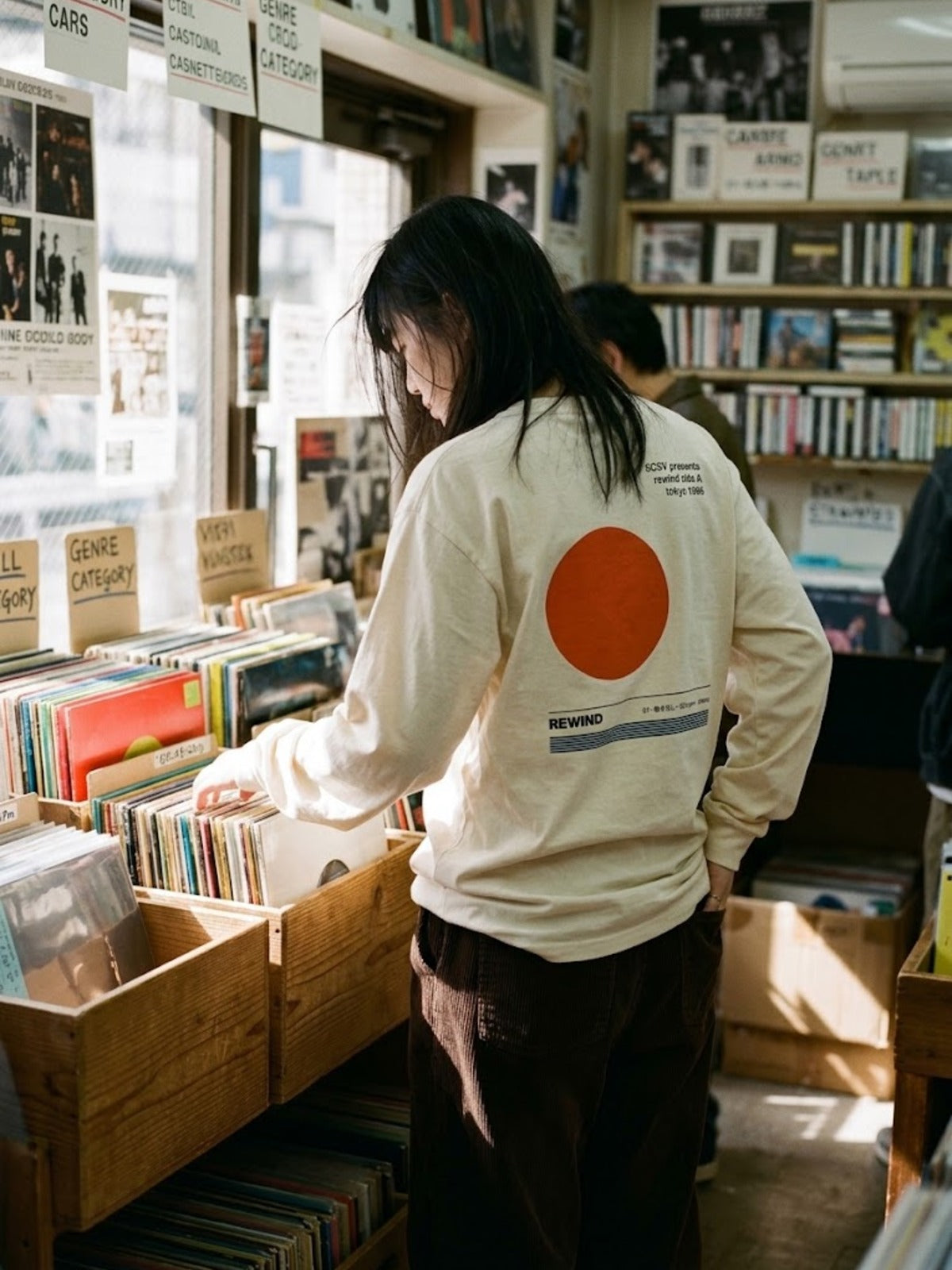 Shibuya-kei 渋谷系 Side A Japanese Long Sleeve T-Shirt by 5C5V in a Shibuya record shop