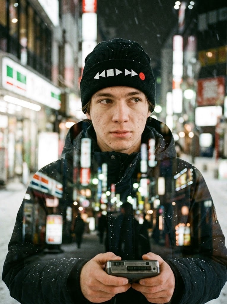 Tape Deck Japanese Beanie by 5C5V, double exposure on a snowy Tokyo street at night