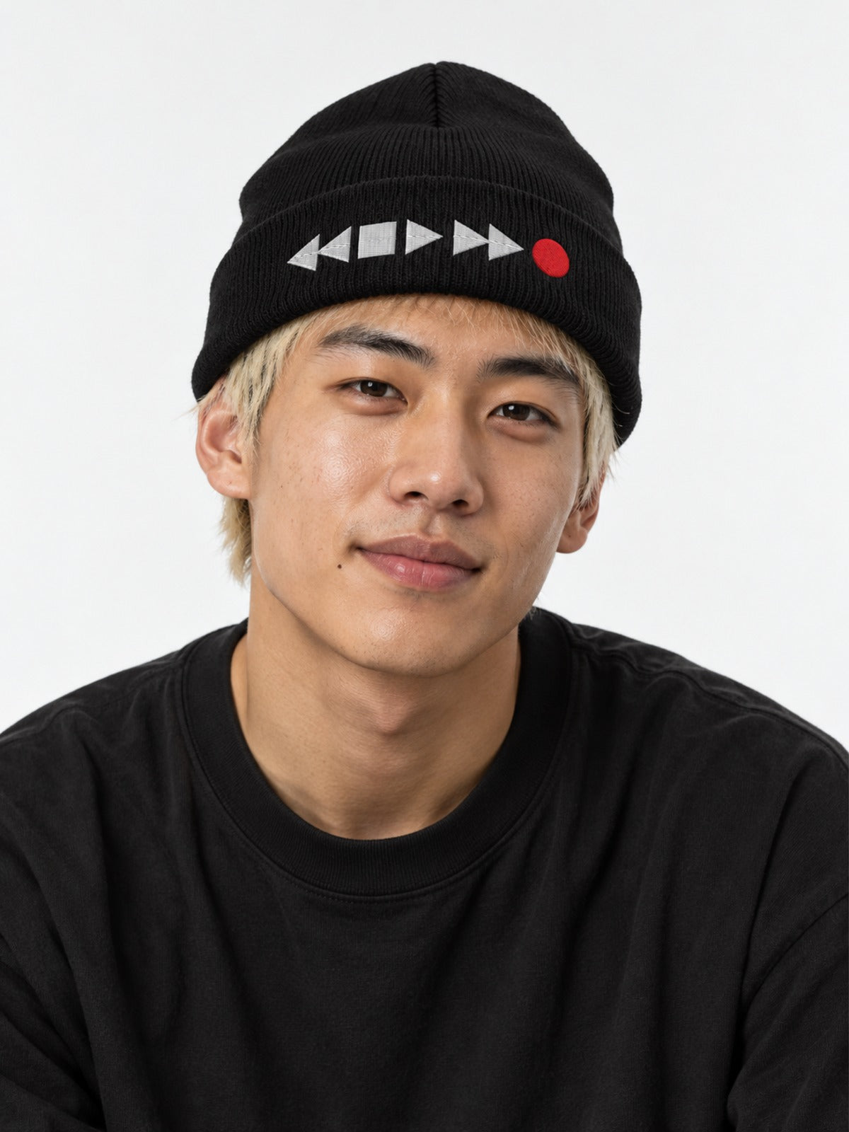 Tape Deck Japanese Beanie in Black by 5C5V, on model, front view