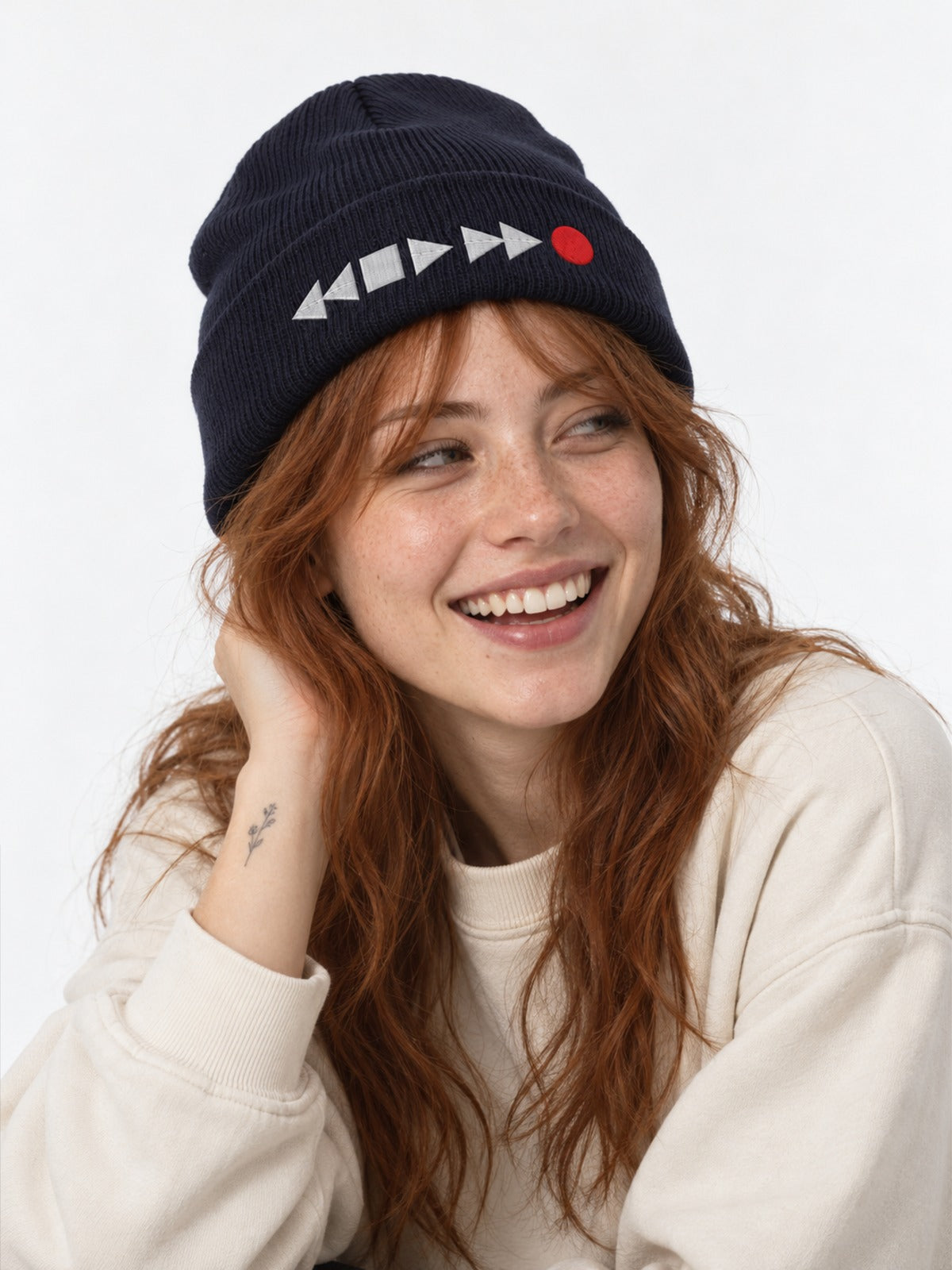 Tape Deck Japanese Beanie in Navy by 5C5V, on model, three-quarter view