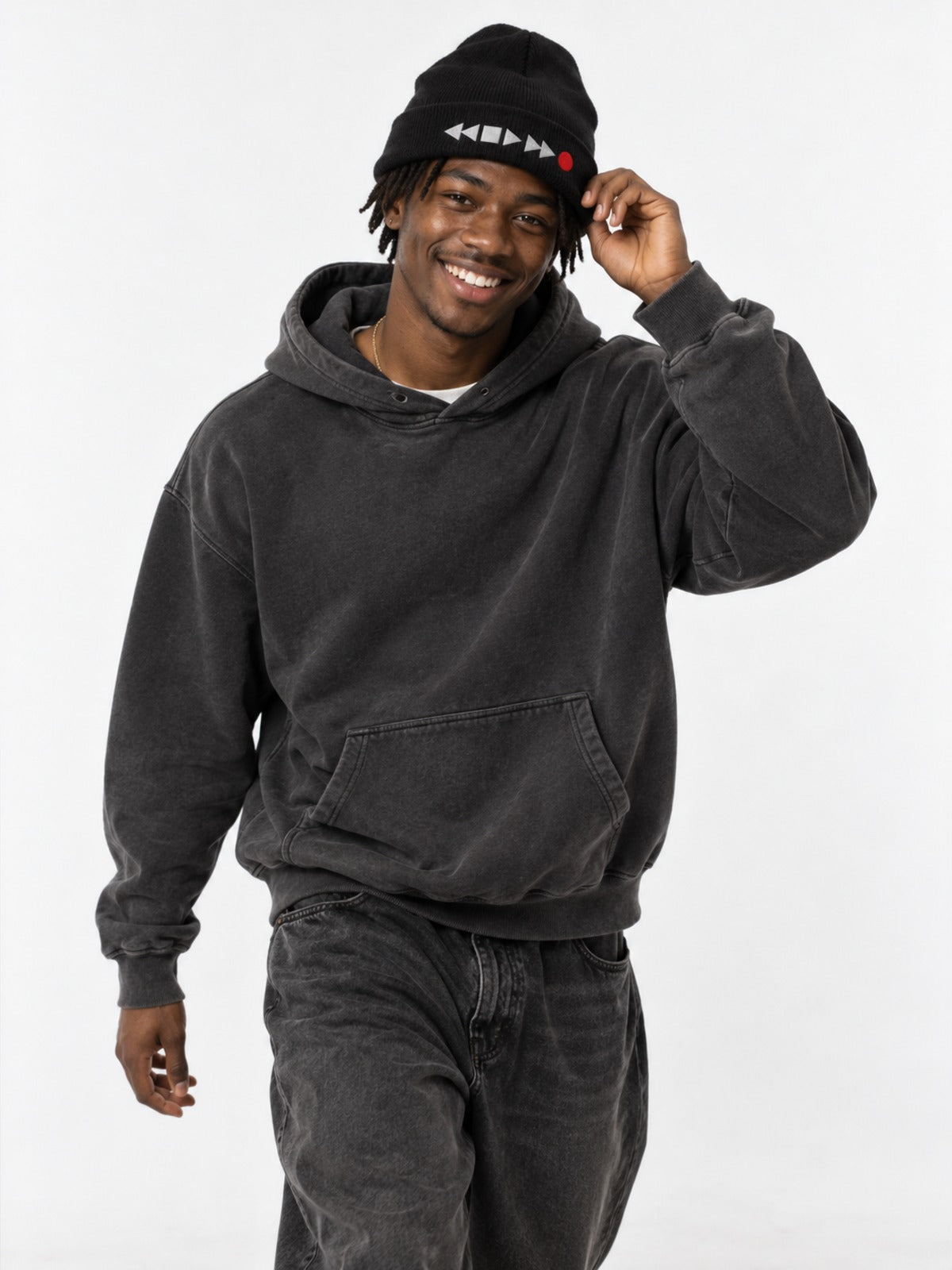 Tape Deck Japanese Beanie in Black by 5C5V, on model, full-length