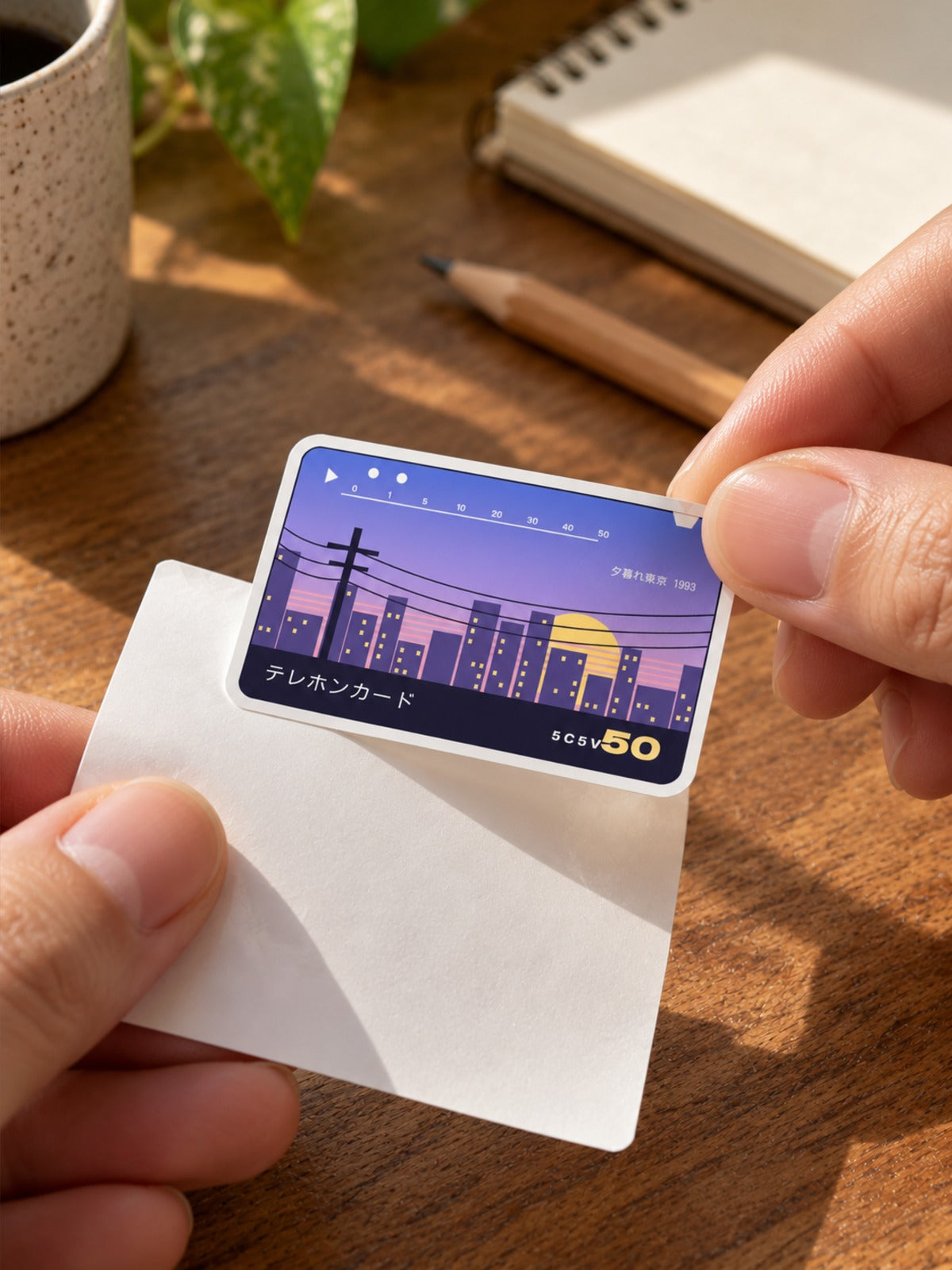 Terehon Kādo テレホンカード Japanese Phone Card Sticker by 5C5V being peeled from its backing