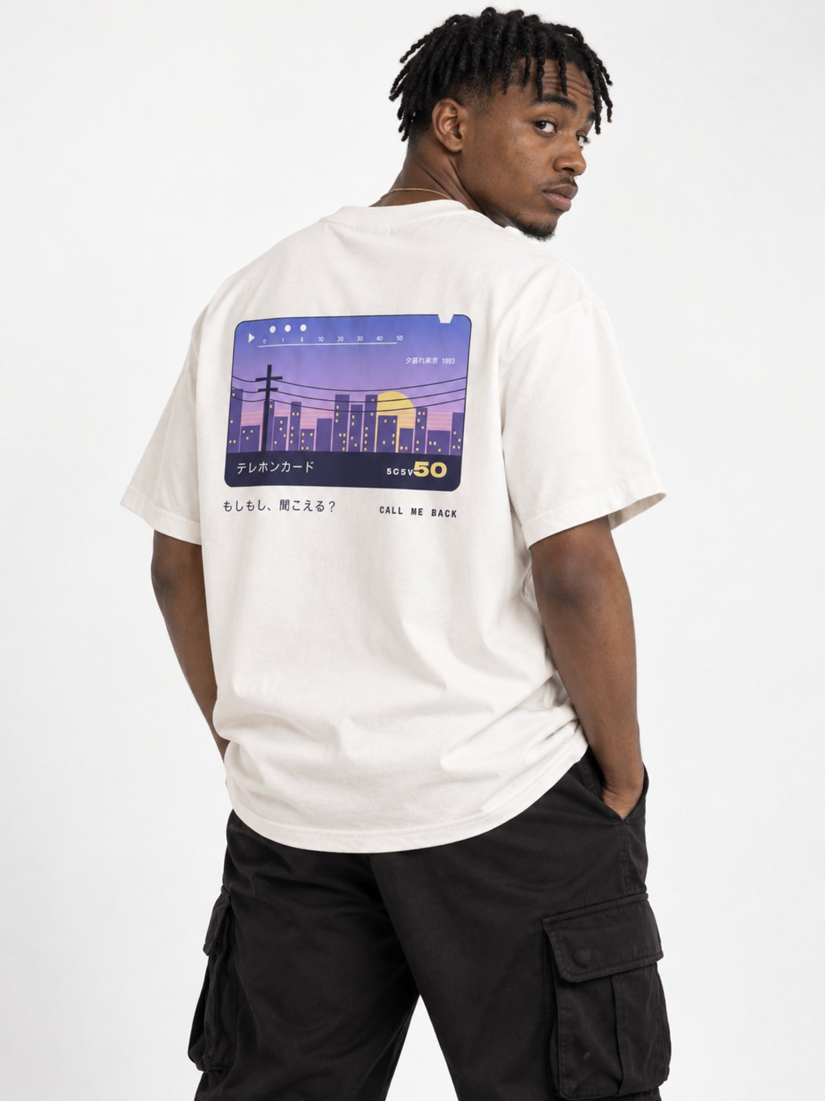 Terehon Kādo テレホンカード Japanese Phone Card T-Shirt in white by 5C5V, on model, back view
