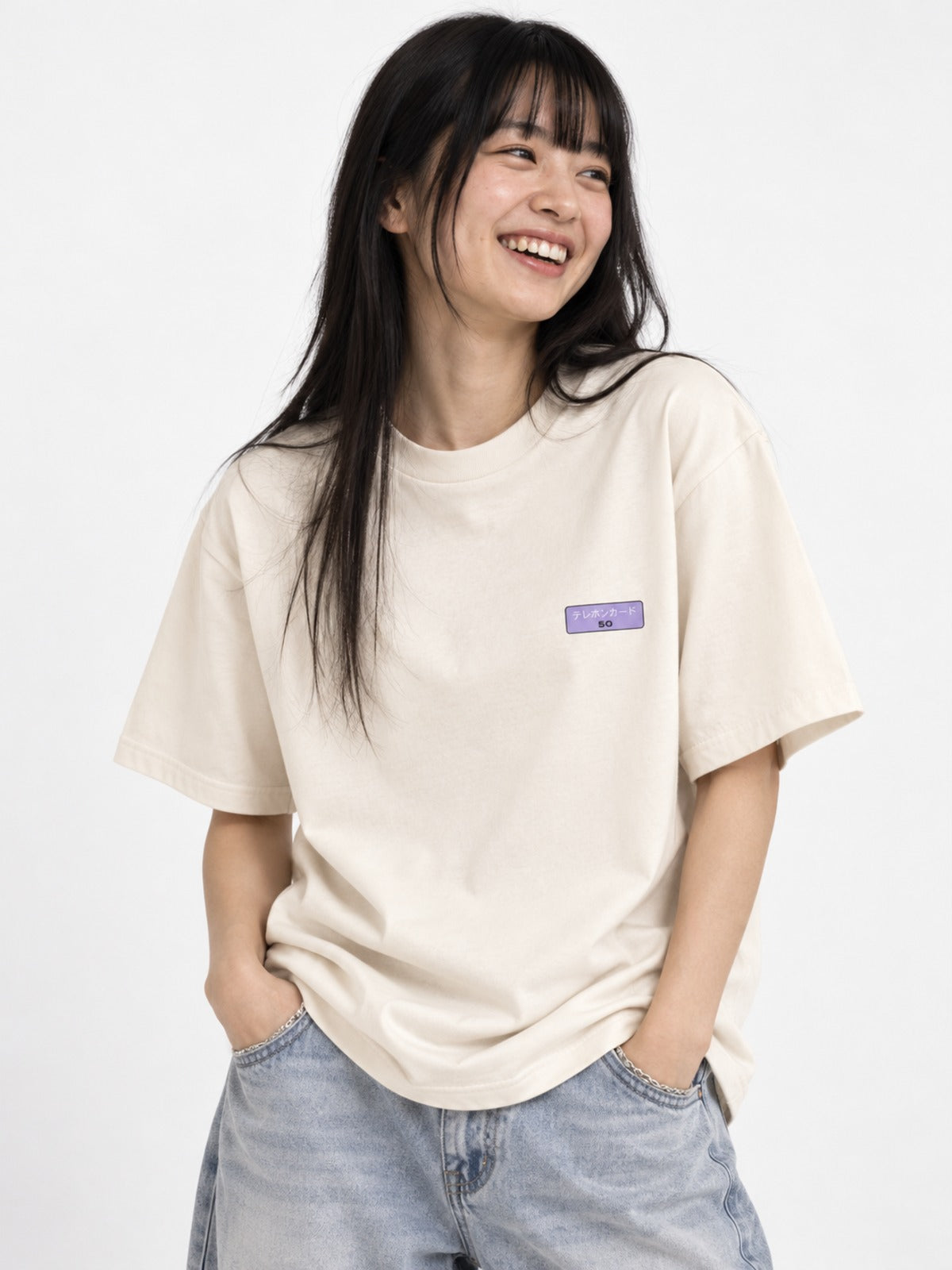 Terehon Kādo テレホンカード Japanese Phone Card T-Shirt in vintage white by 5C5V, on model, front view